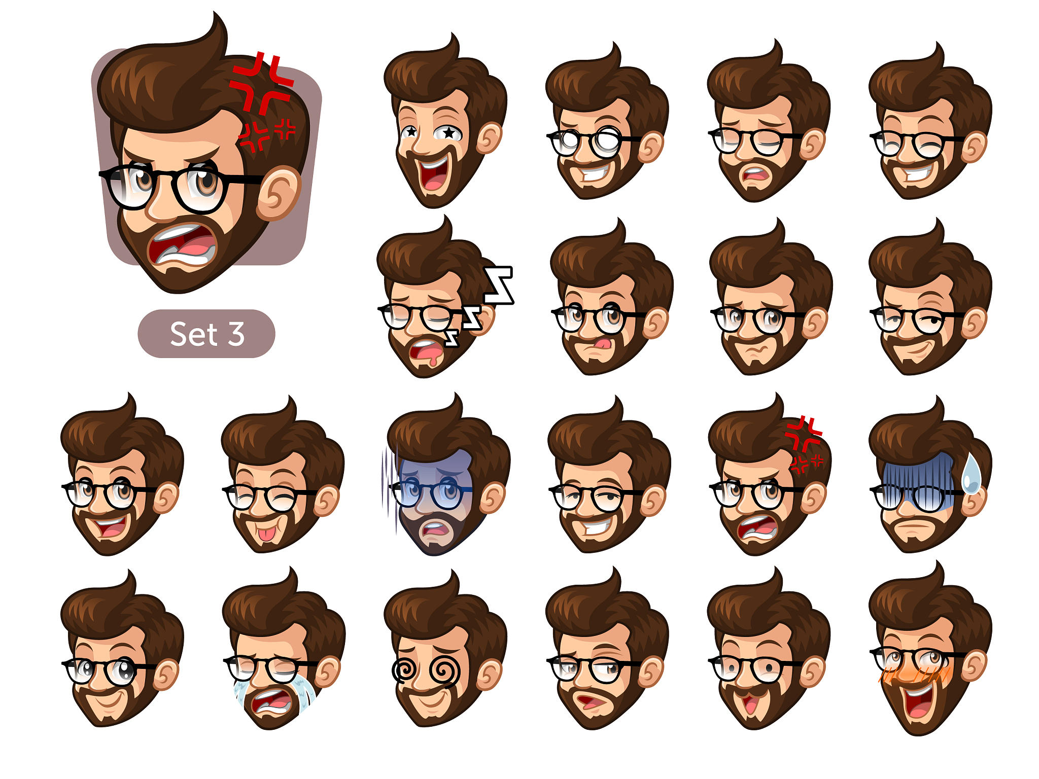 the third set of bearded hipster facial emotions