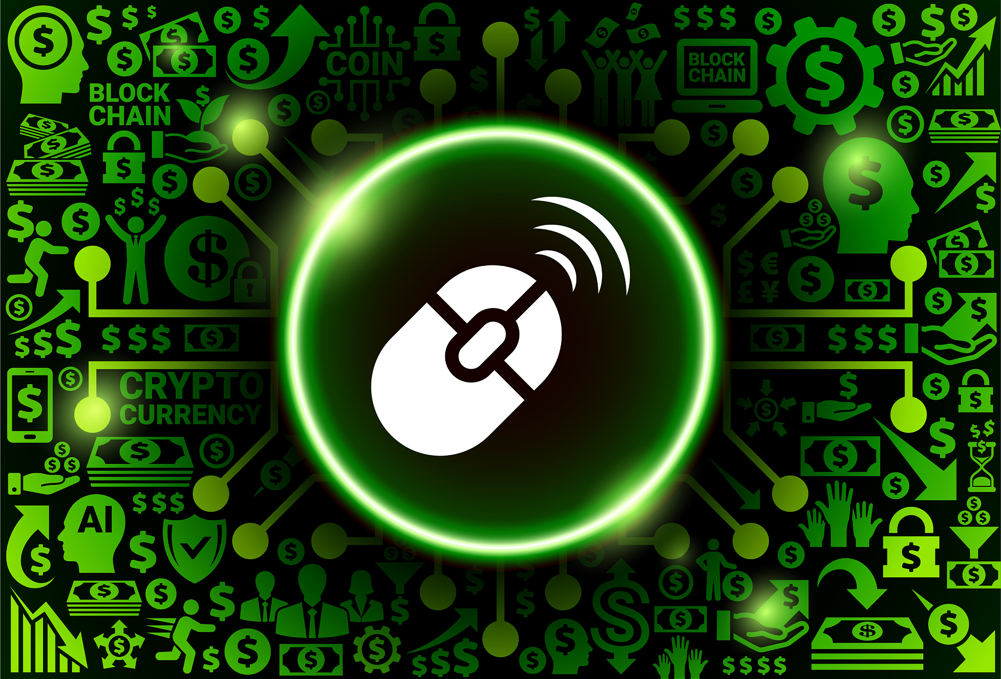 wireless mouse icon on money and cryptocurrency background
