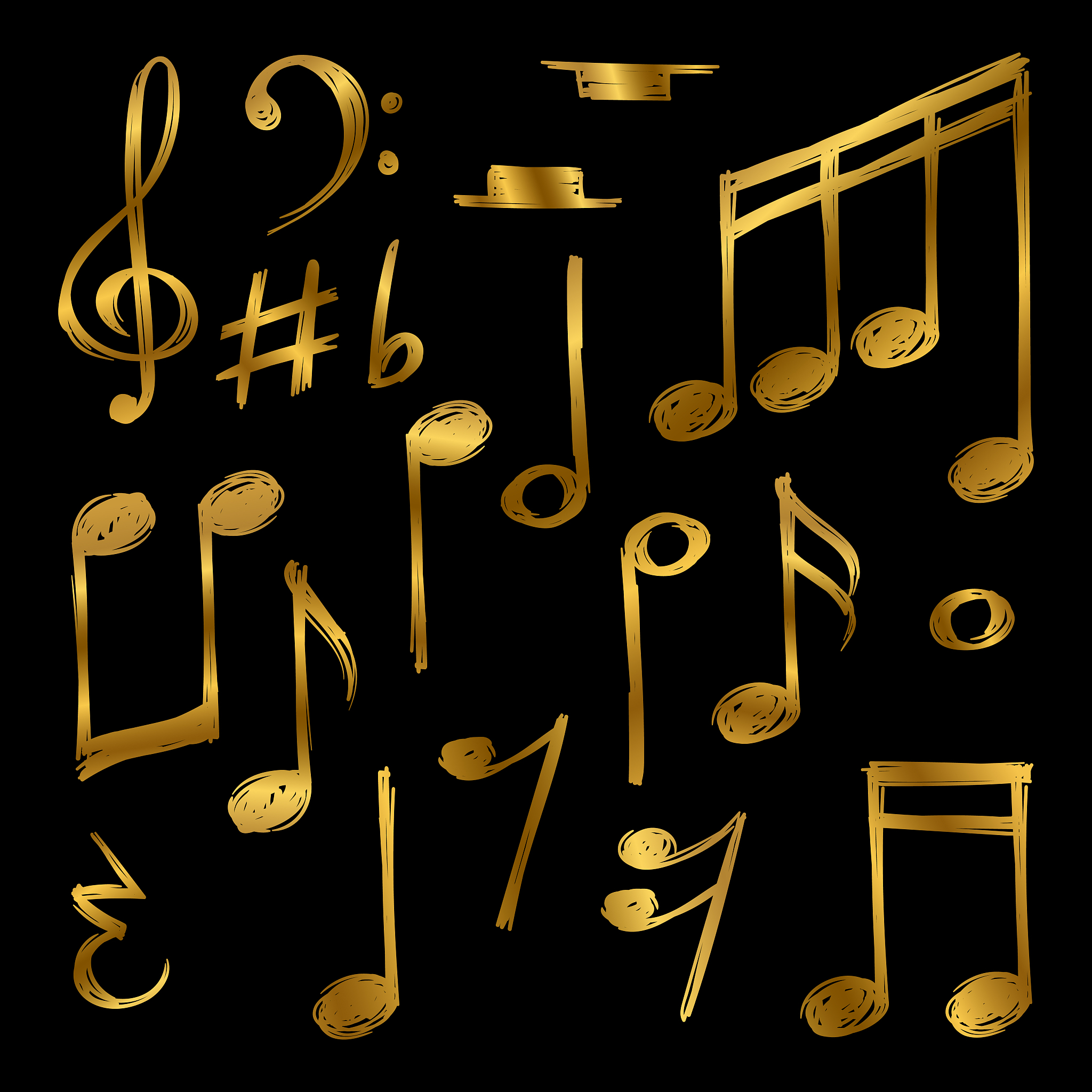 golden music notes and signs isolated on black background