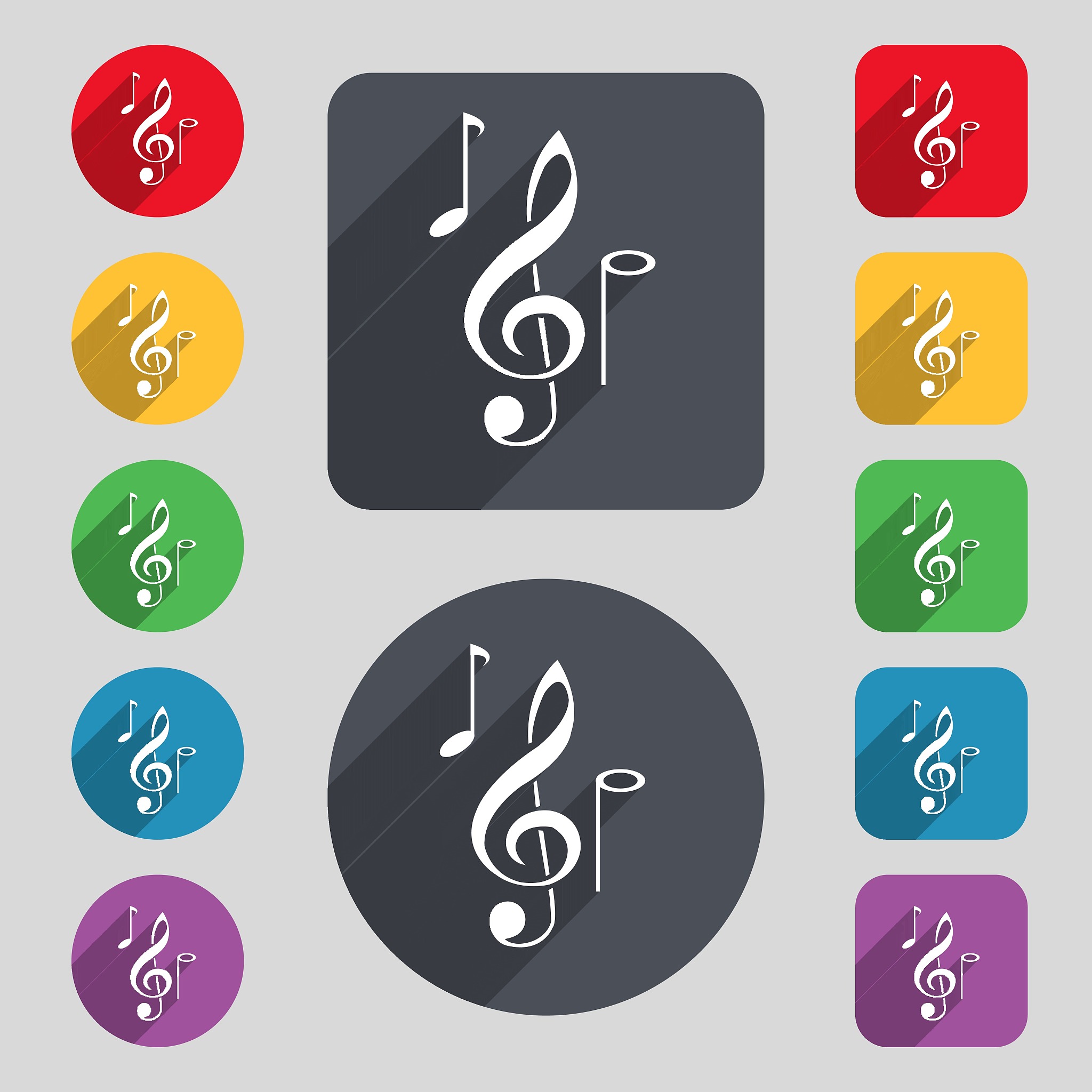 musical notes icon sign. a set of 12 colored buttons and a long 