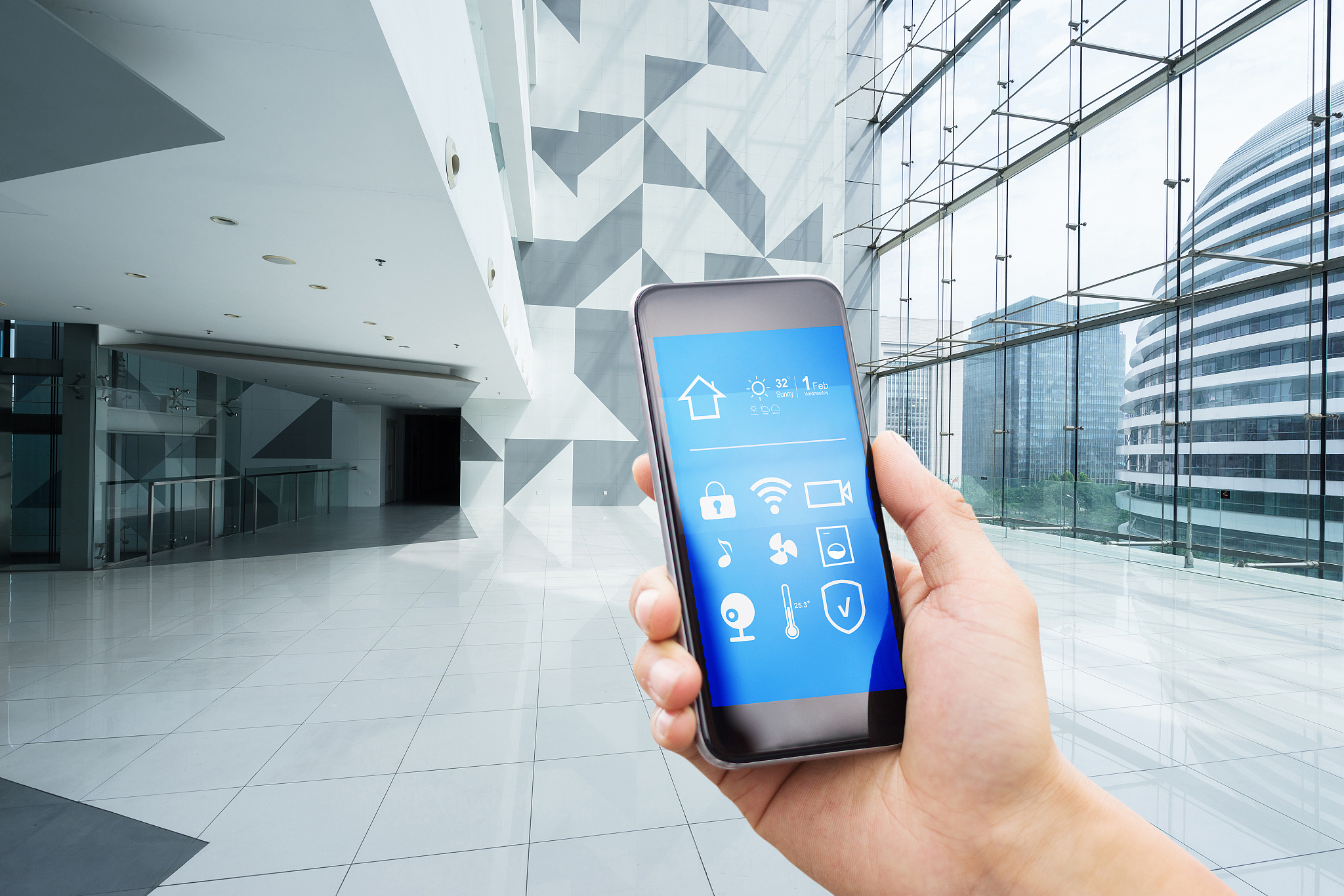 smart phone with smart home with empty office