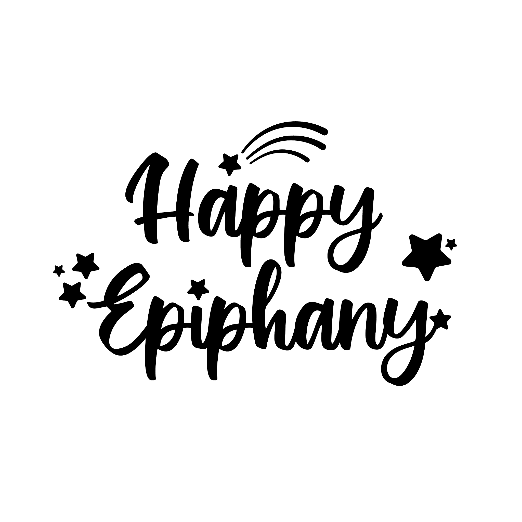 black ink lettering. text happy epiphany decorated with stars an