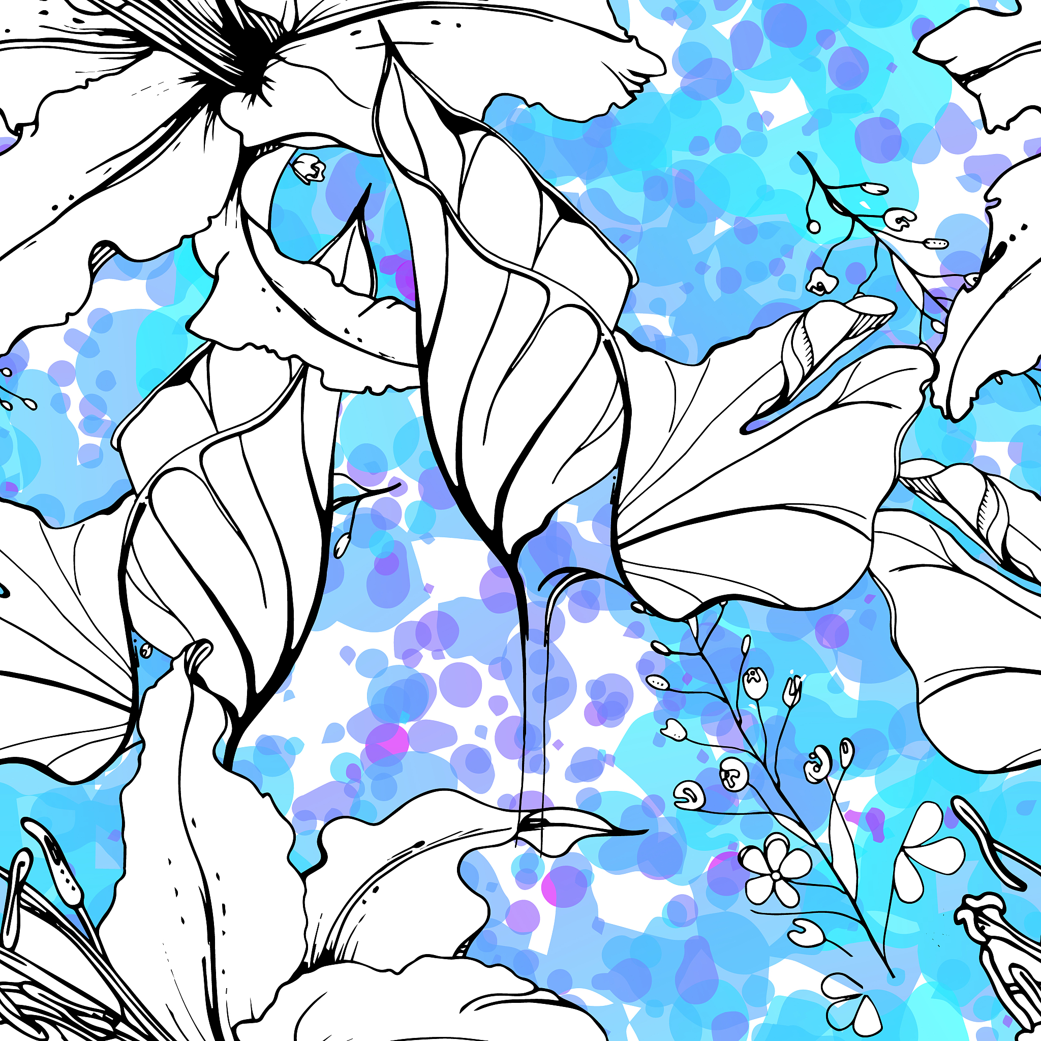 floral black white pattern. modern watercolor
