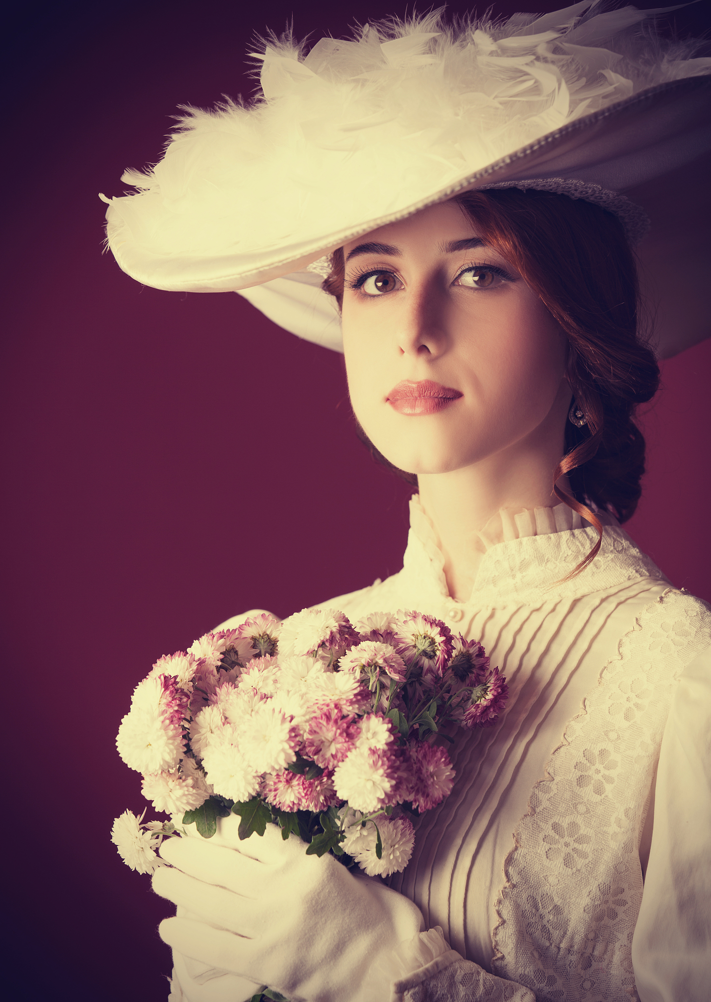 beautiful redhead women with bouquet