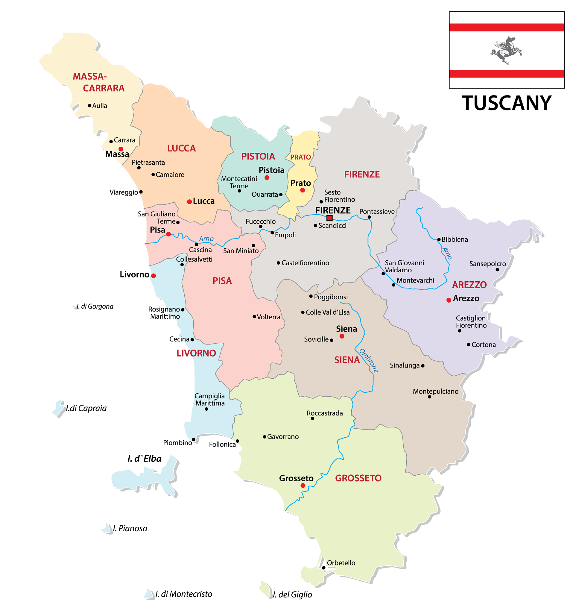 tuscany administrative and political map with flag