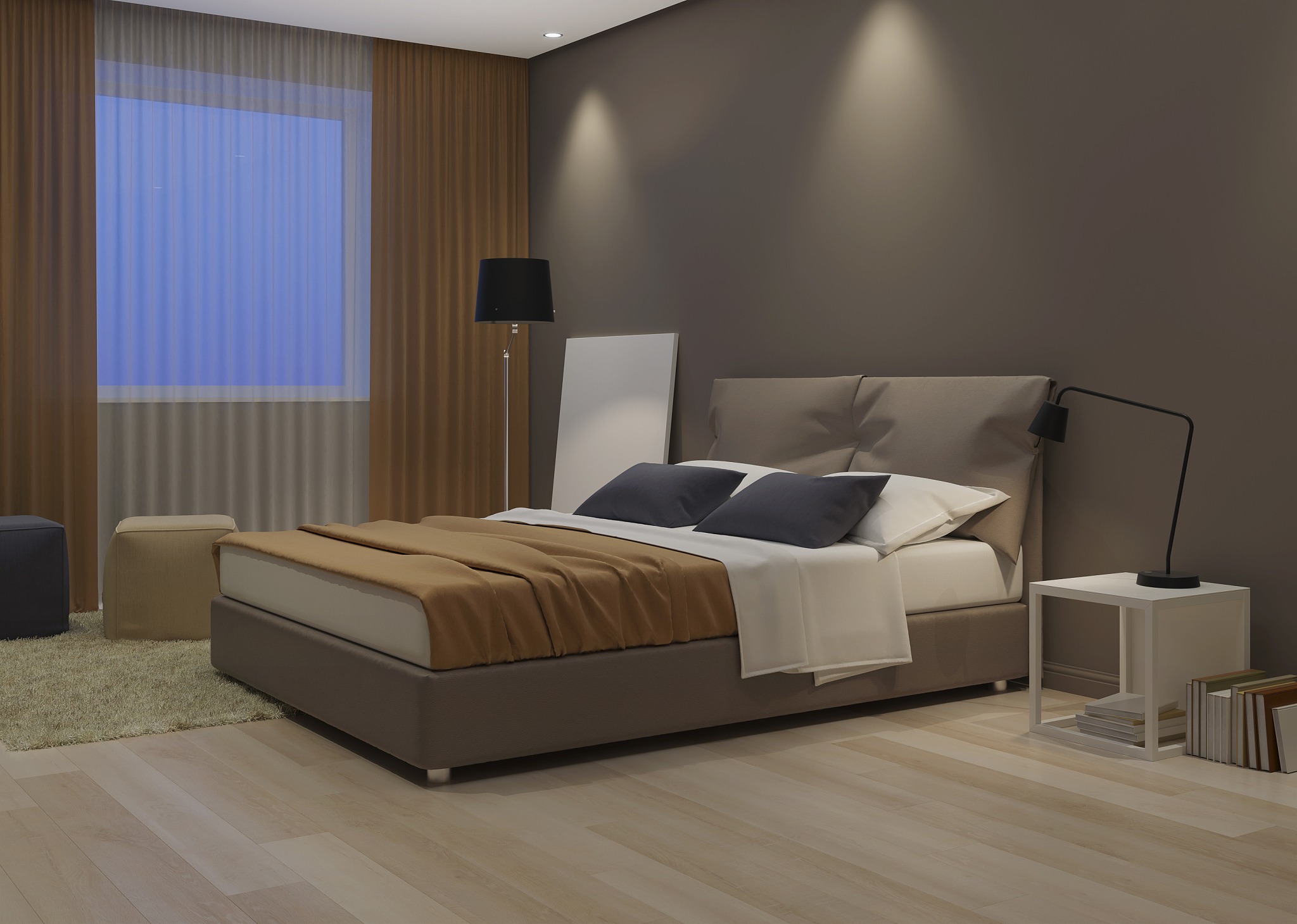 modern house interior. bedroom design in warm tones. 3d renderin