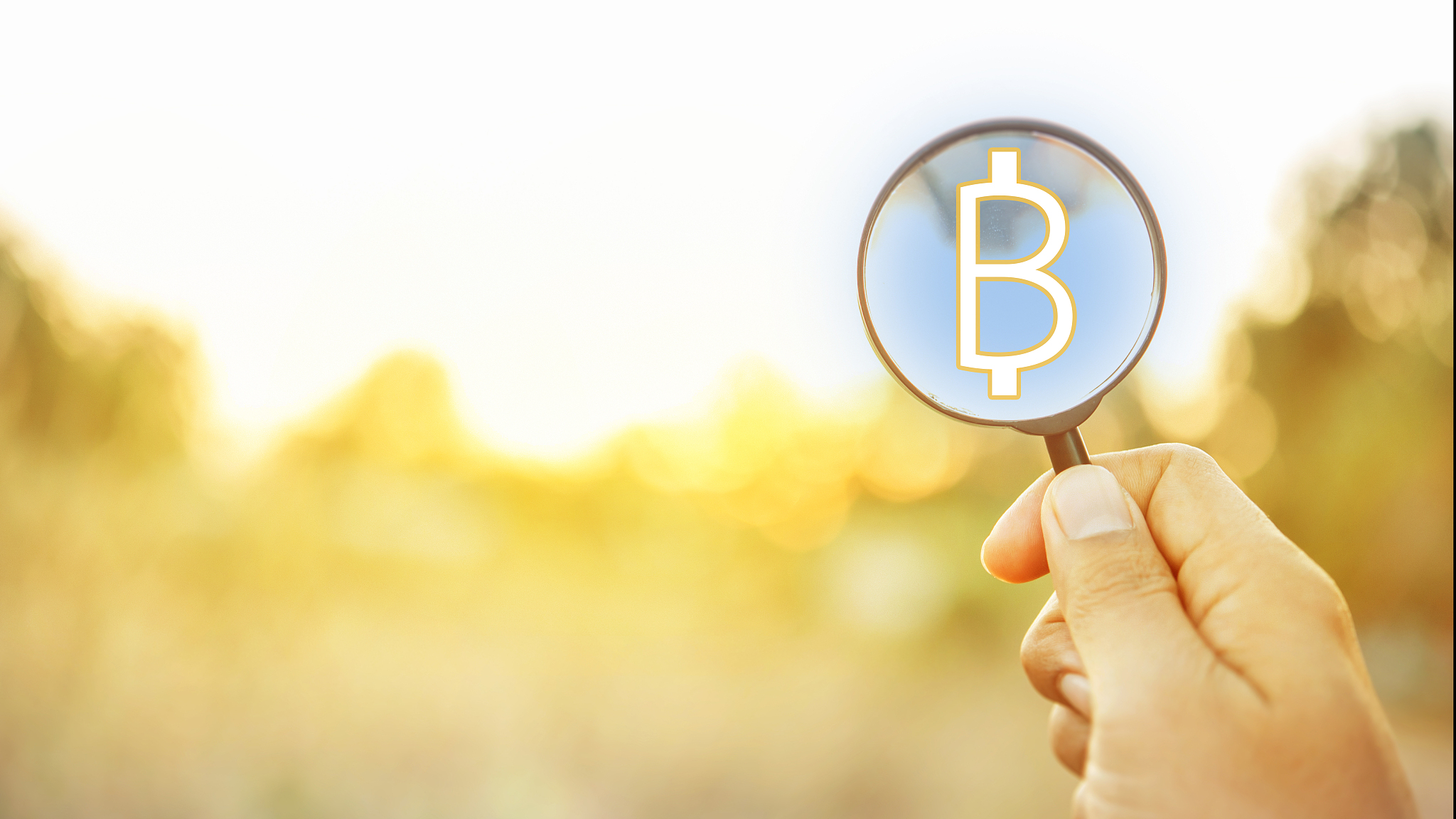 hand hold magnifying glass of bitcoin on cryptocurrency
