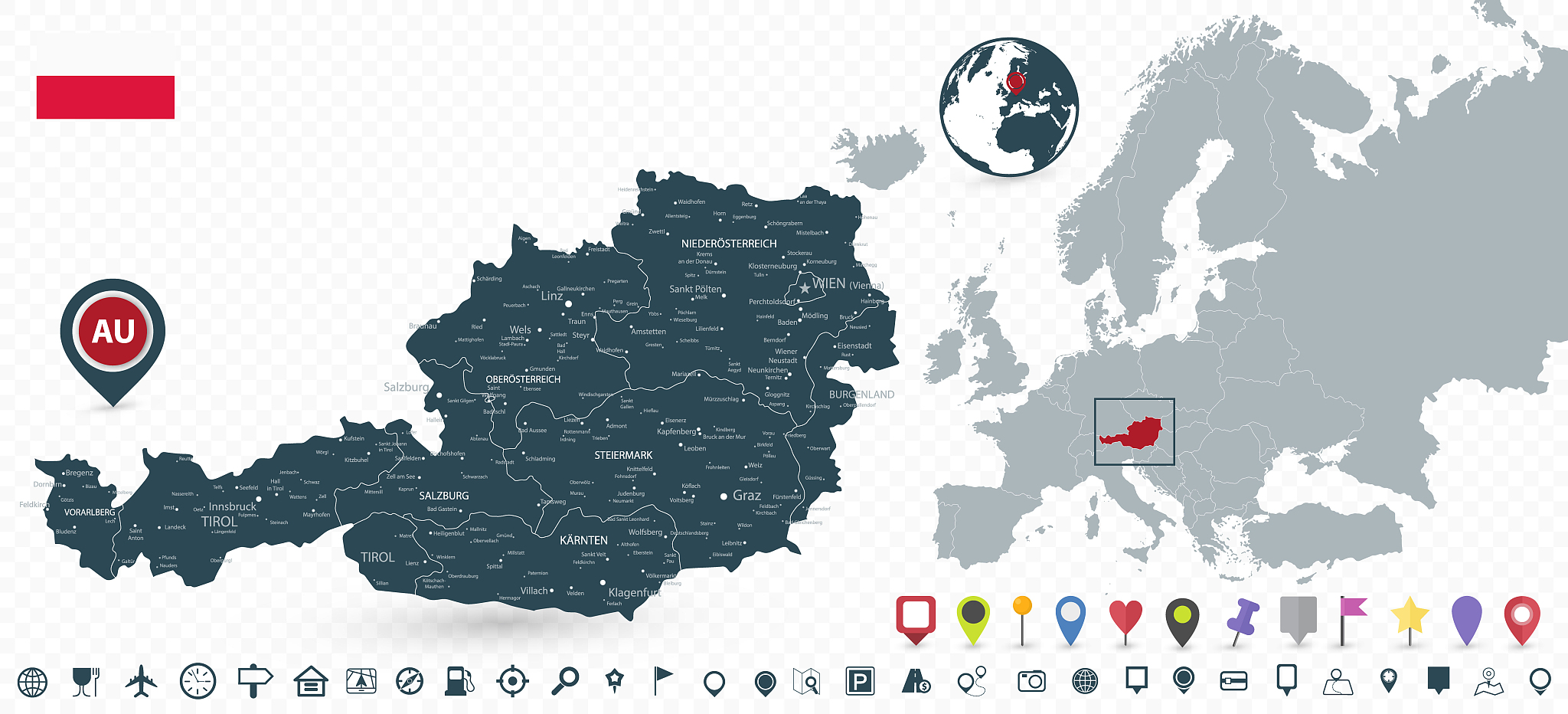 austria map and austria location on europe map isolated on trans