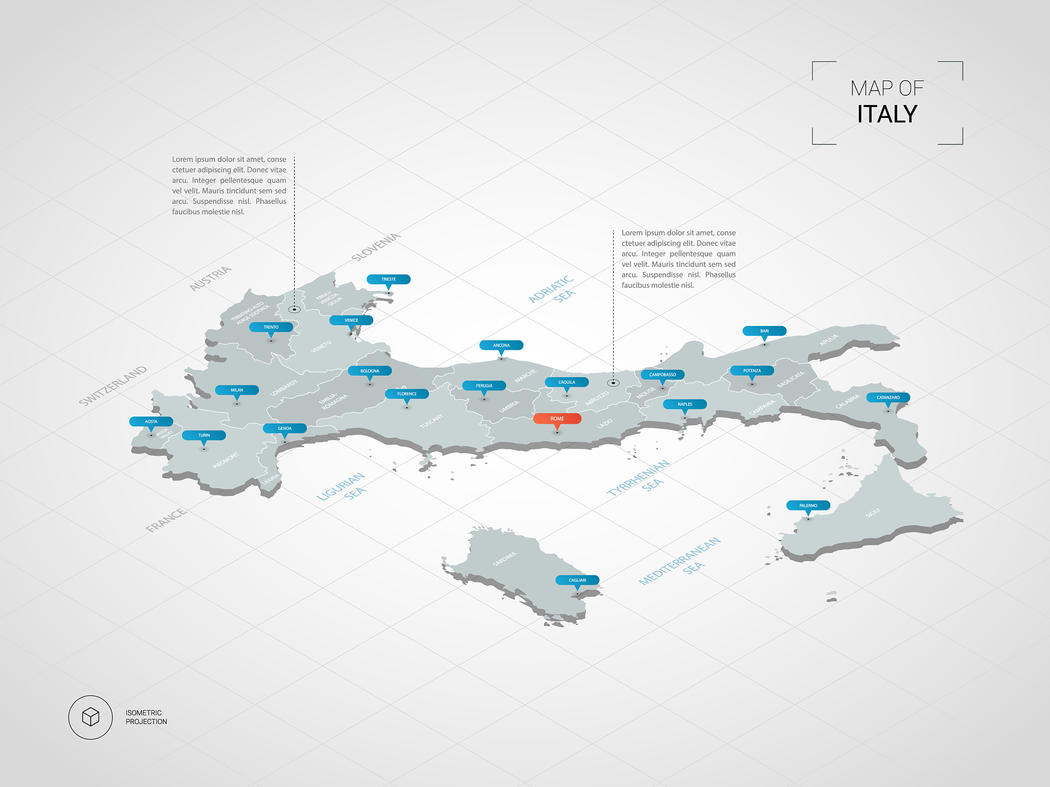 isometric italy map with city names and