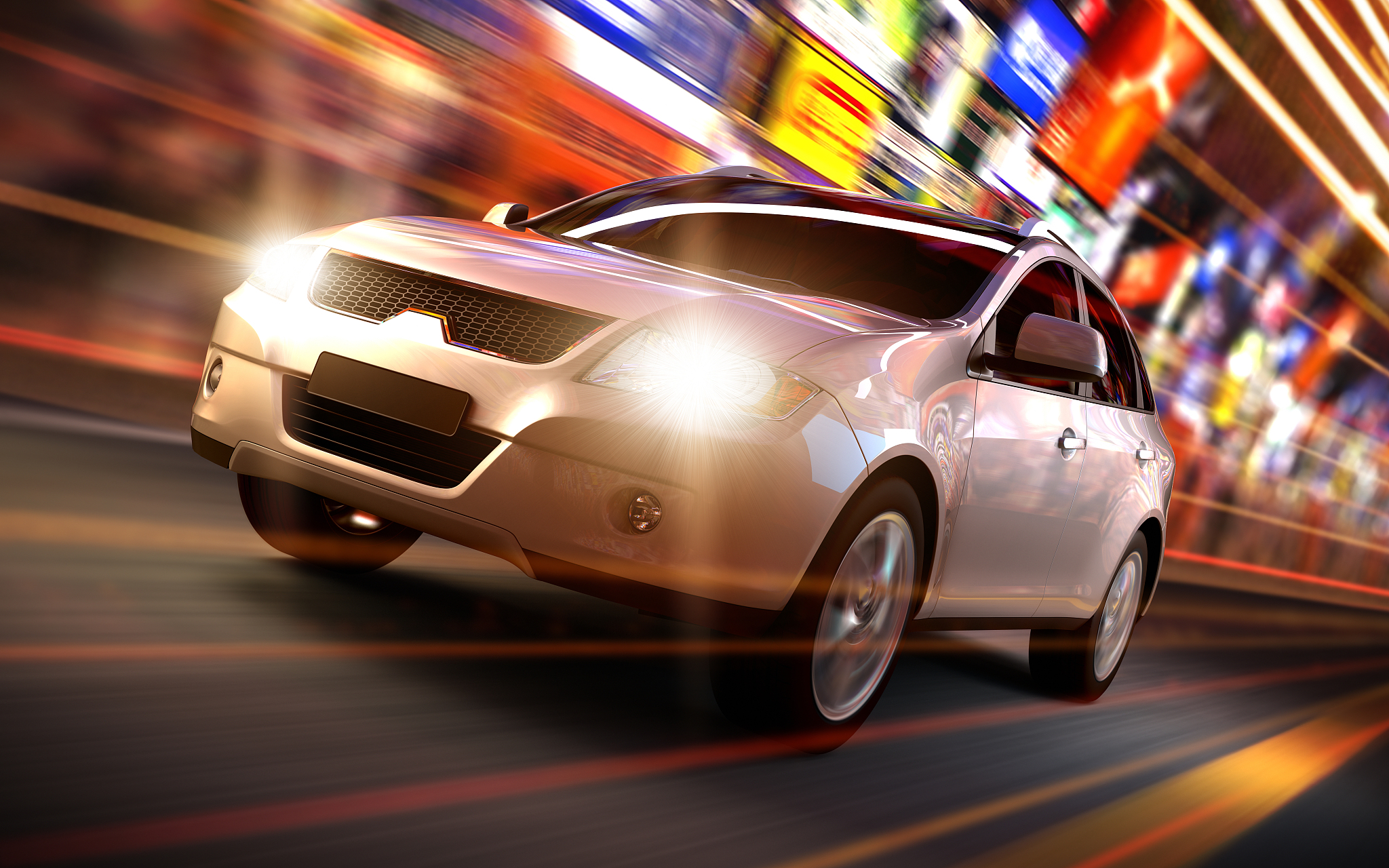suv car driving fast in urban environment