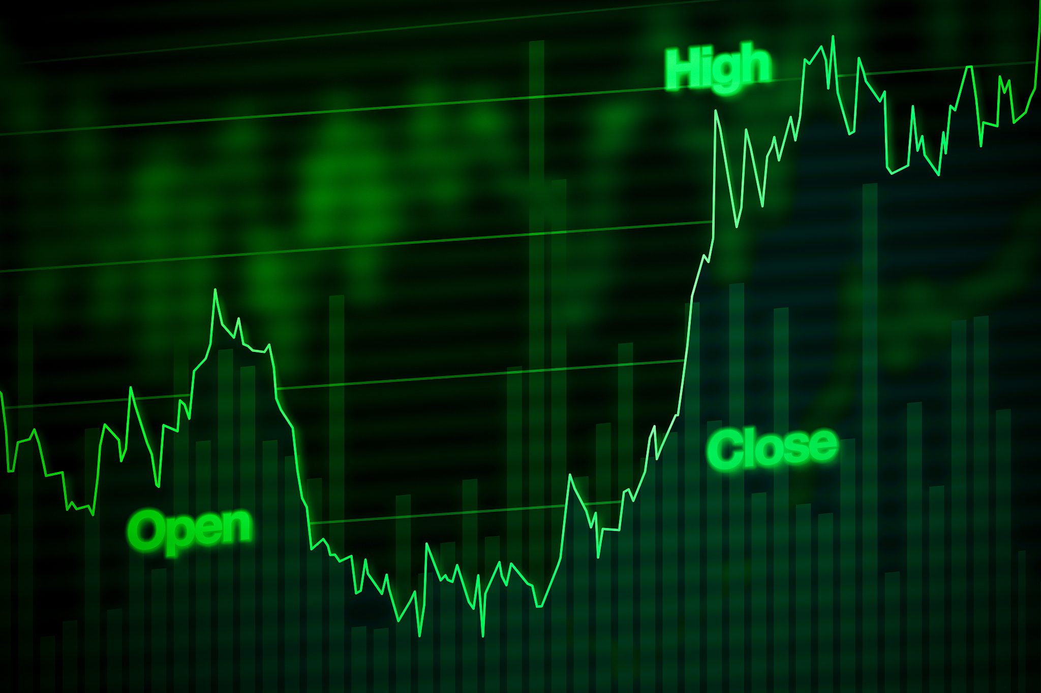 stock market chart rising upward in green