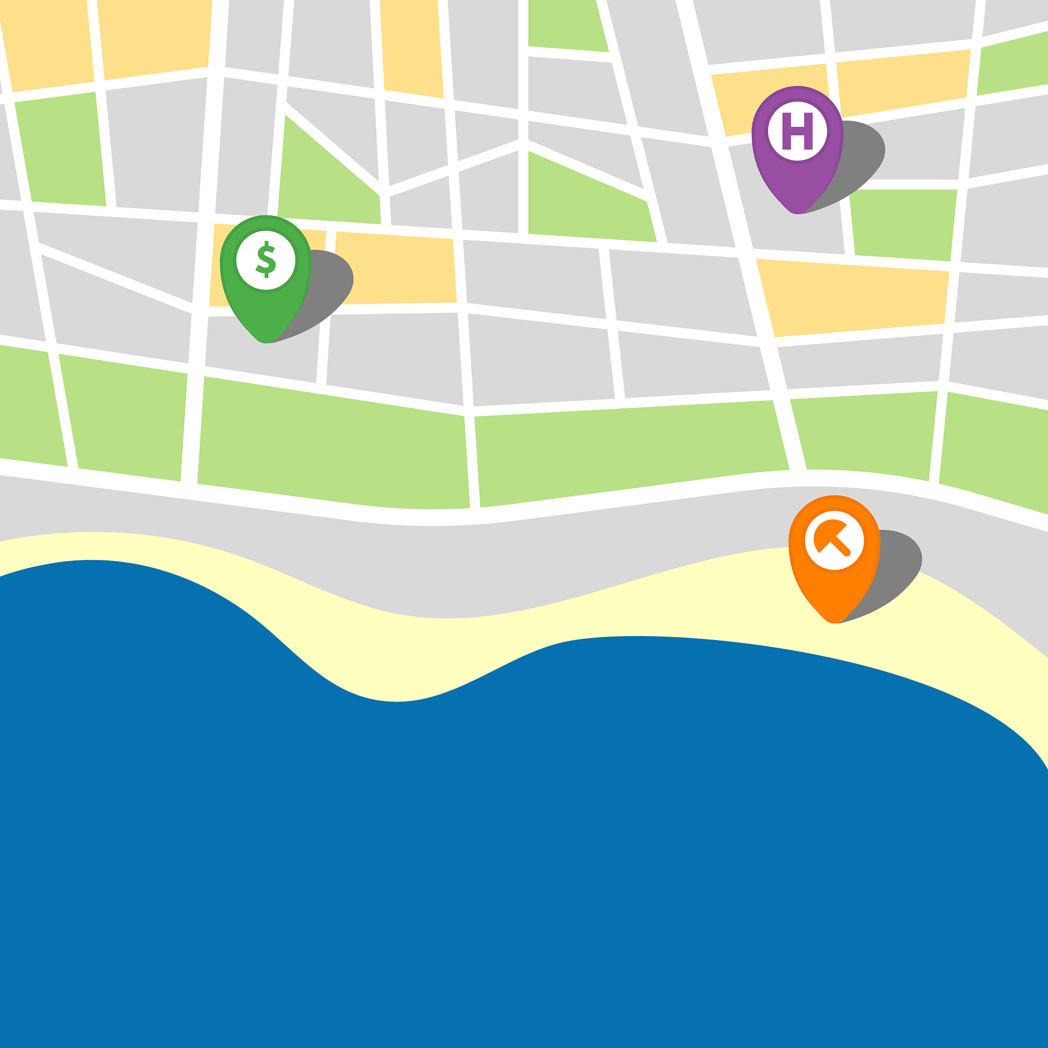 city map of an imaginary city with sea