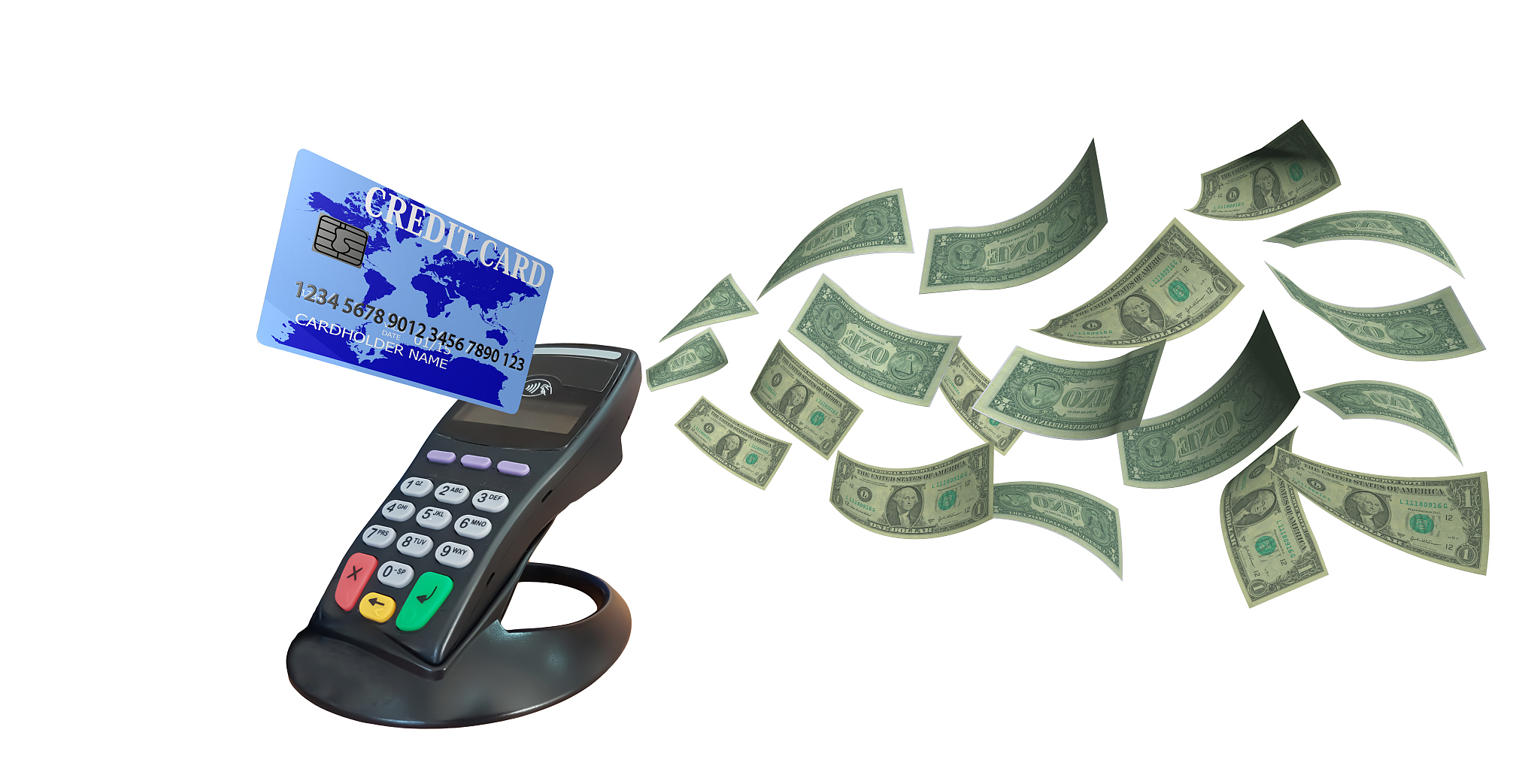 pos device green credit  card dollars money  point of sale  isol