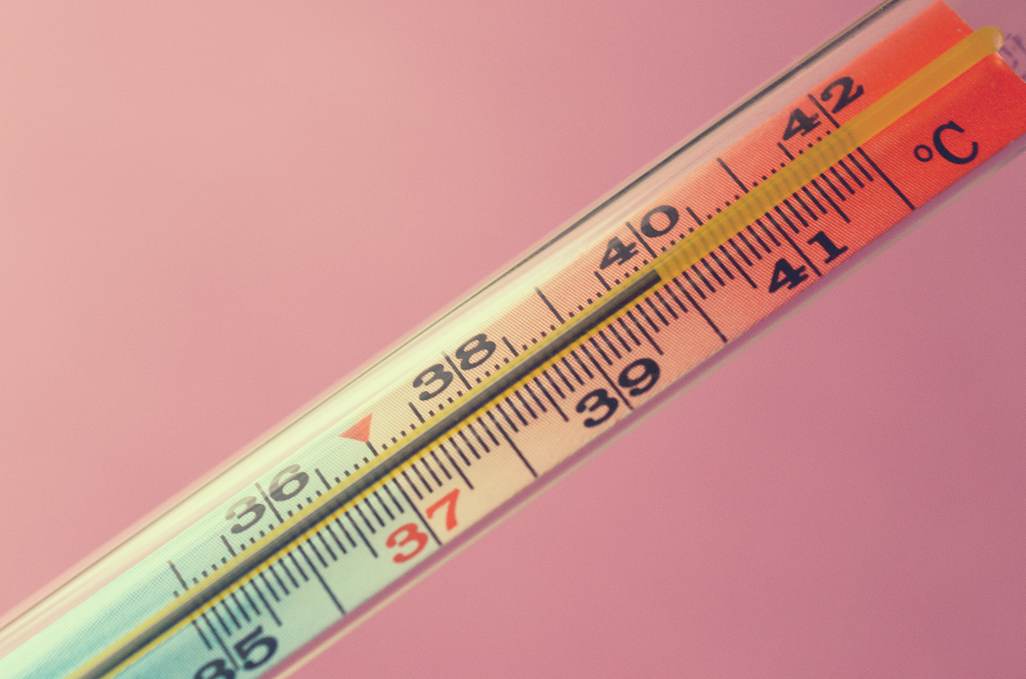 medical mercury thermometer on a pink background.