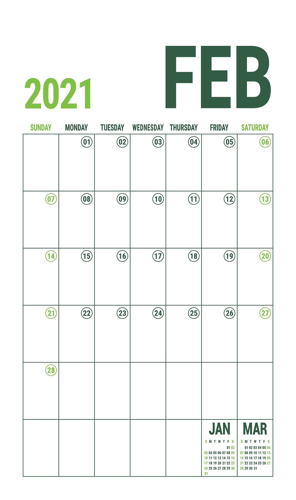 february calendar 2021. english calender template. vector grid. 