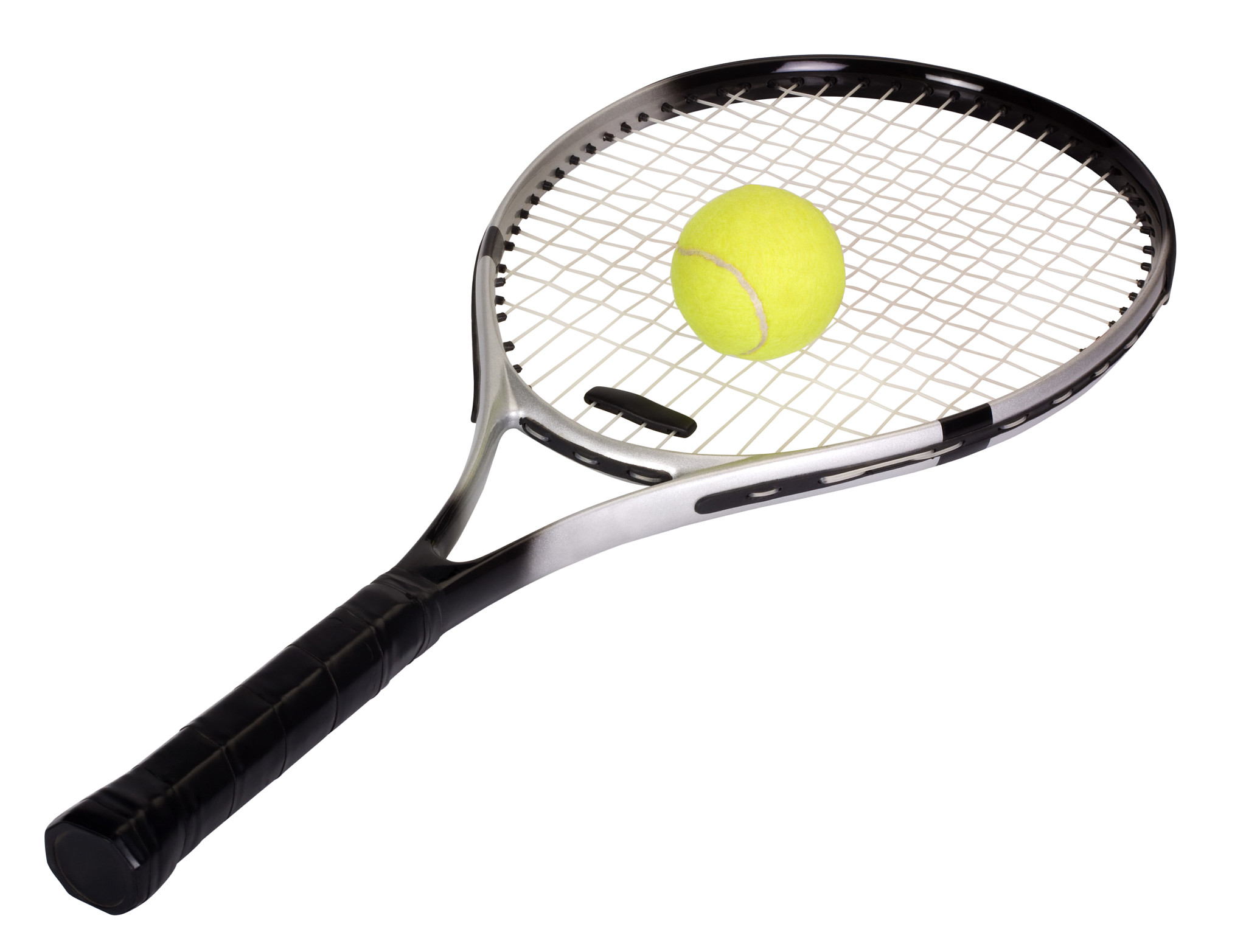 close-up of a tennis racket with a tennis ball