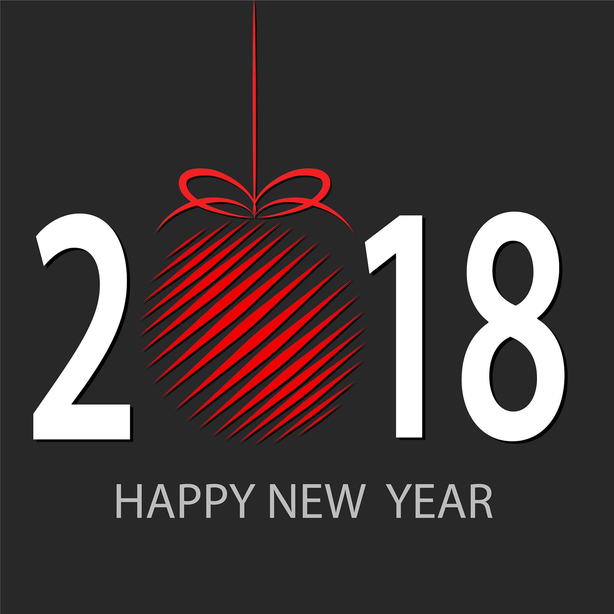 happy new 2018 year greeting card with red decor ball, stock vec