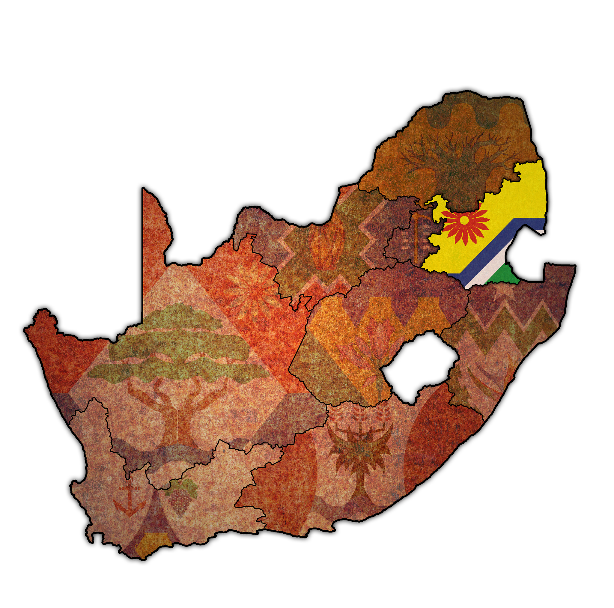flag of mpumalanga region on administration map of south africa
