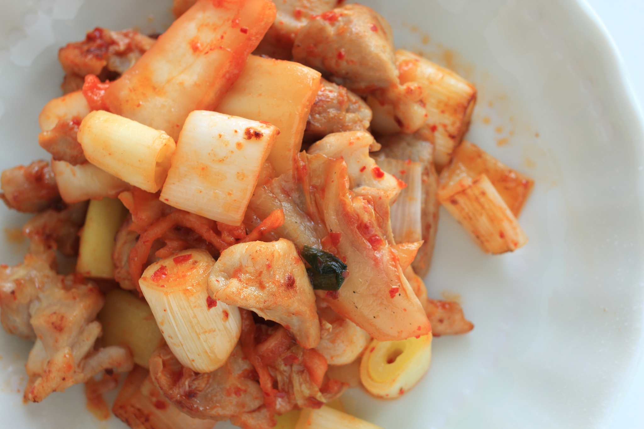 korean food, kimchi and chicken stir fried