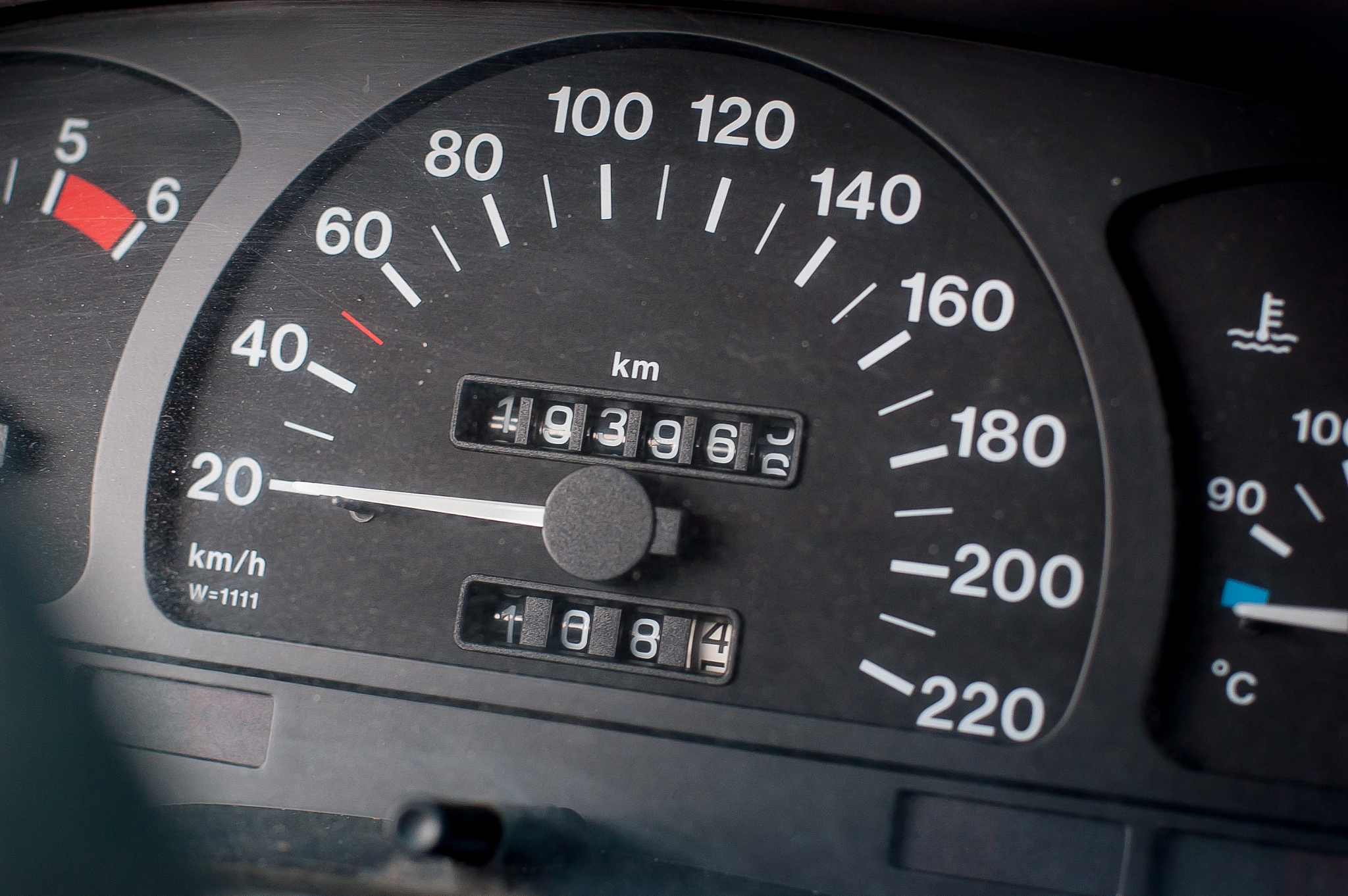 a speedometer of a car. max speed 220 km/h.