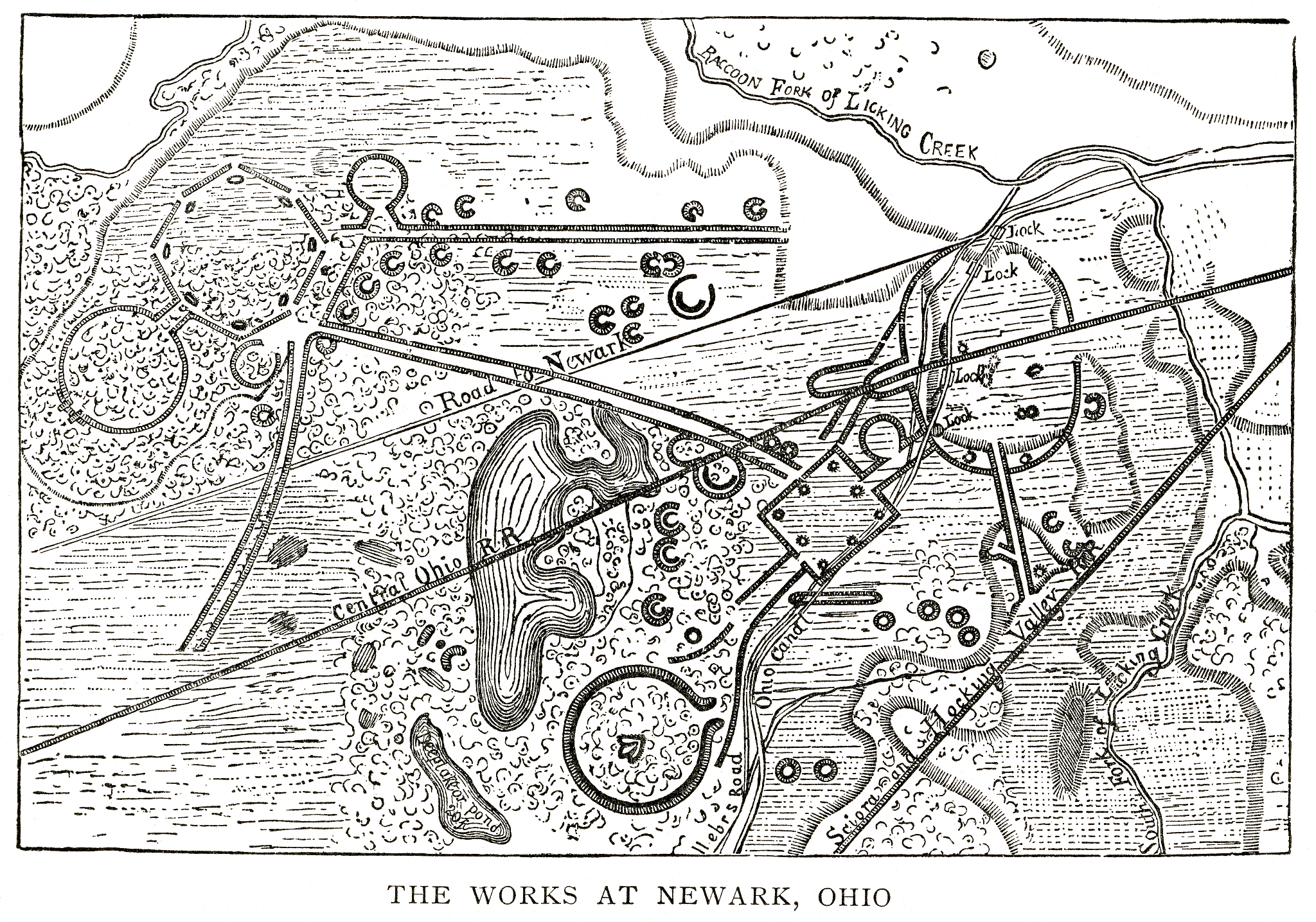 woodcut map illustration of newark earthworks, ohio