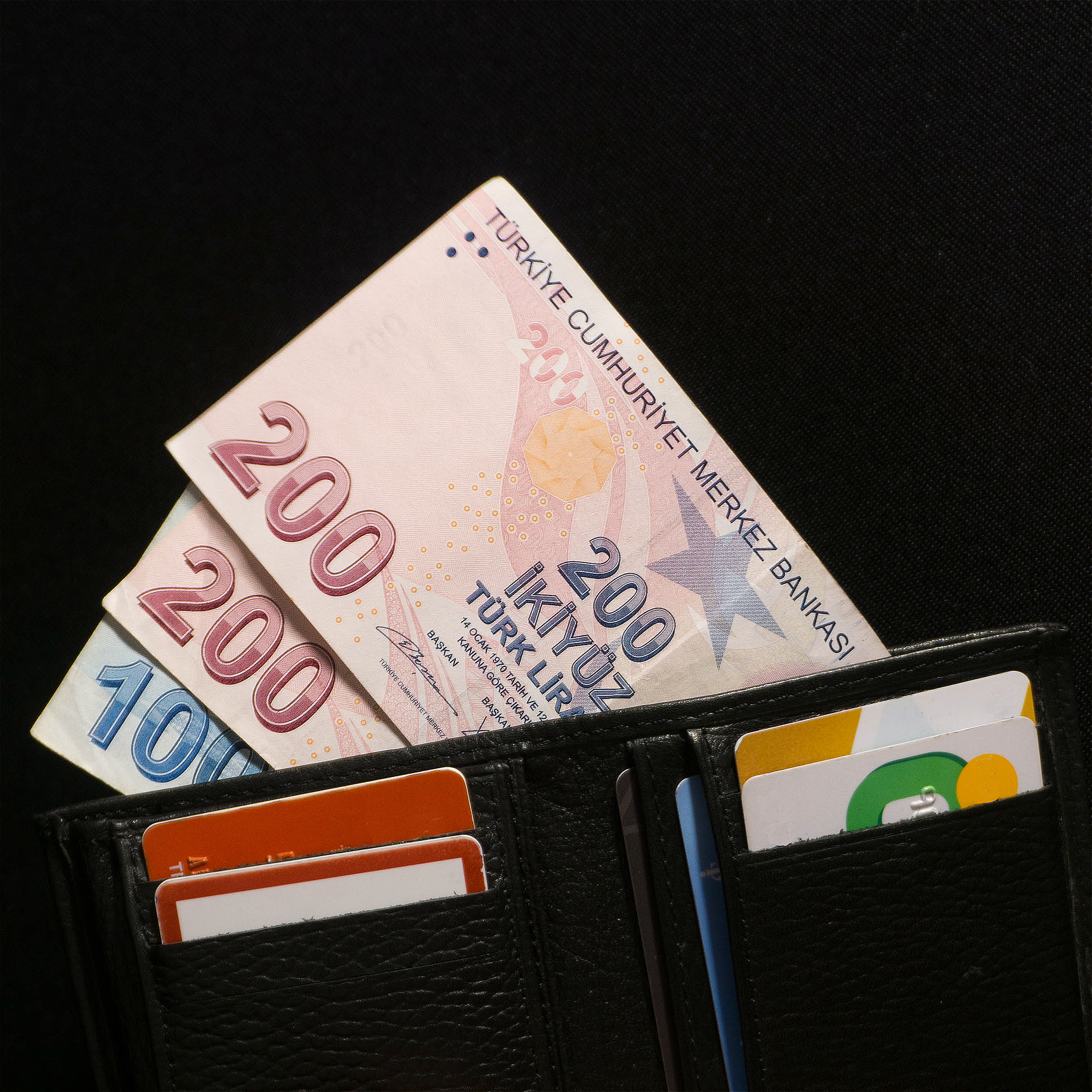 turkish money and credit cards in black leather wallet