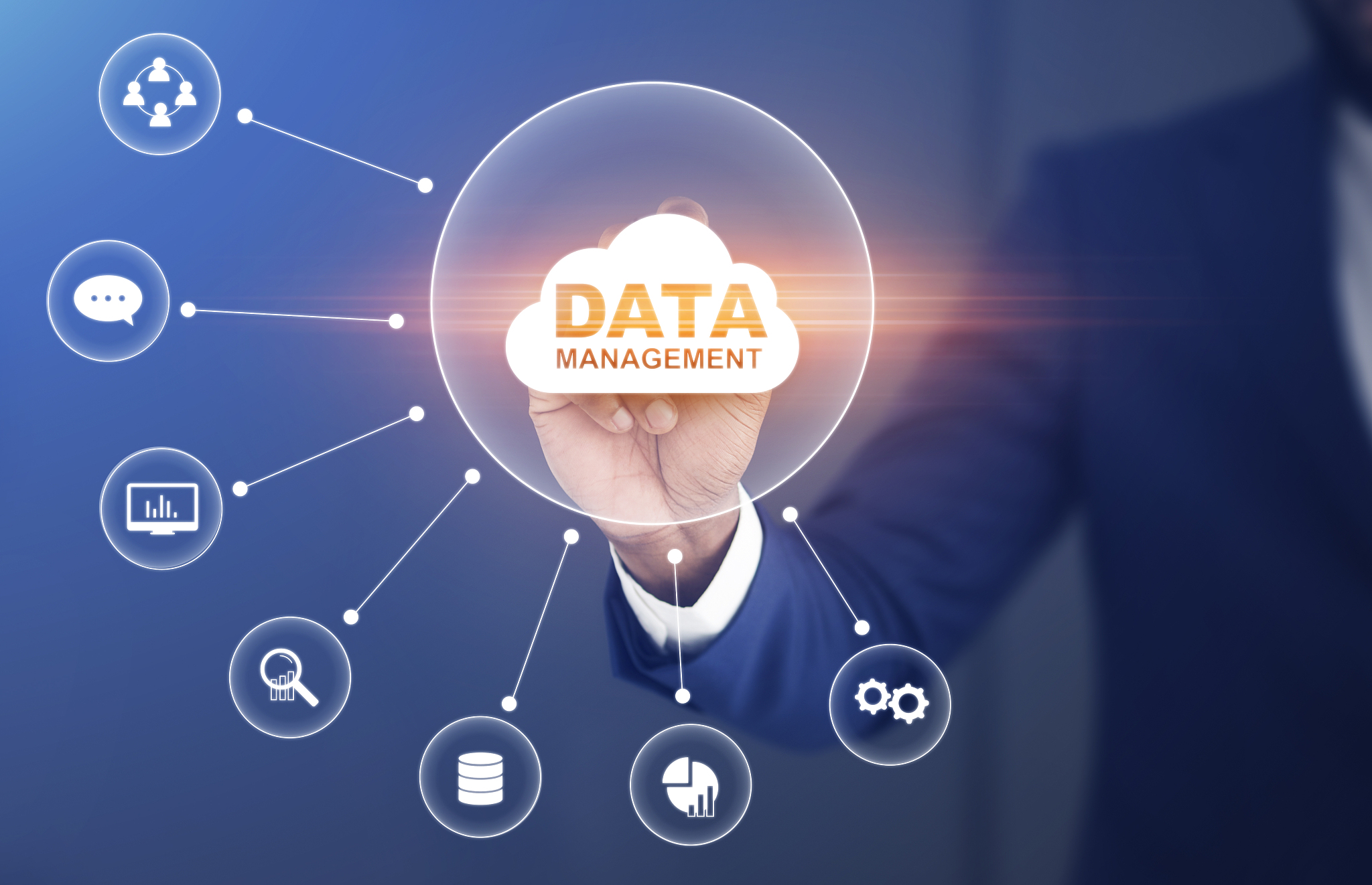 data management system, dms. businessman pressing data storage c