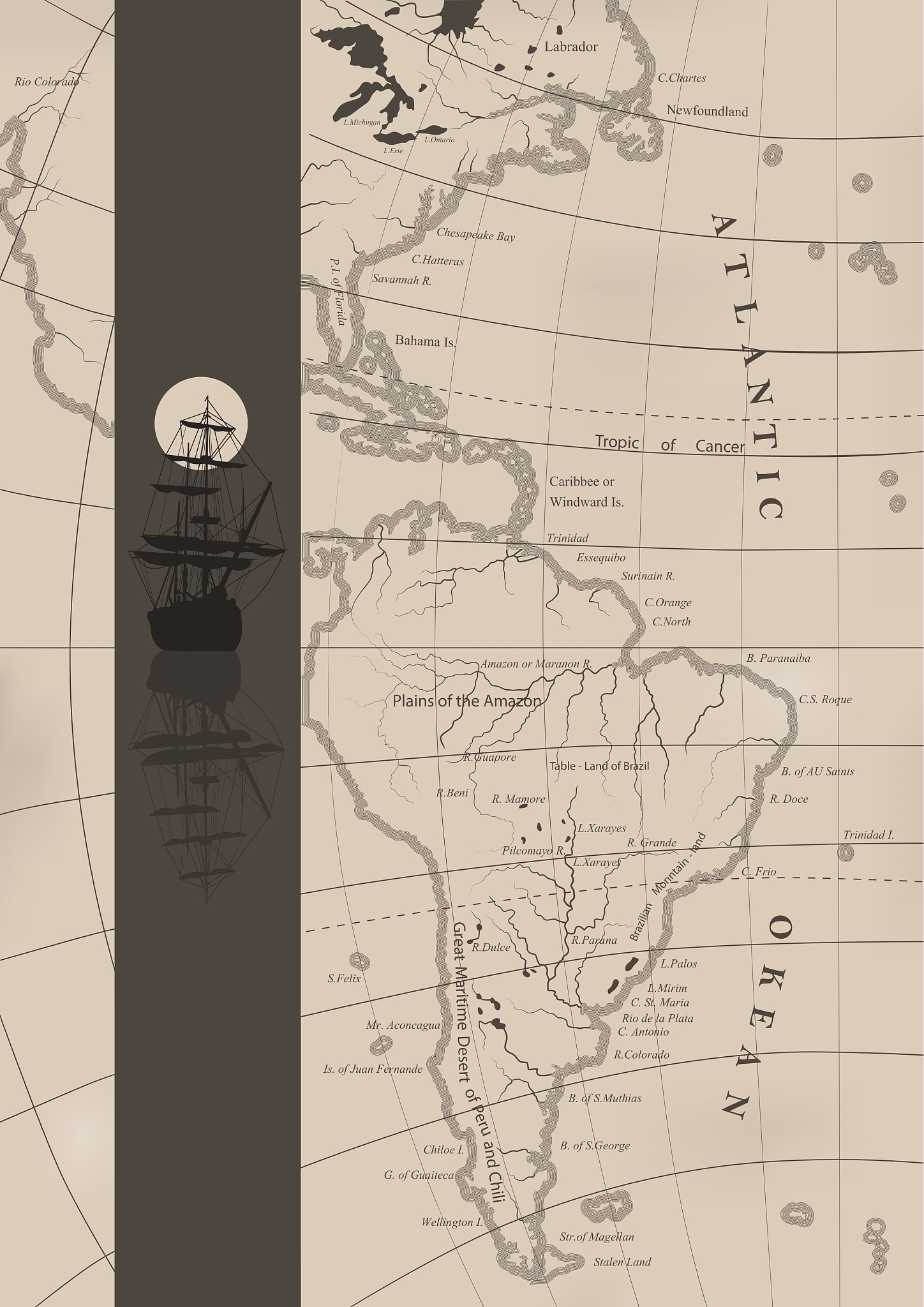 the old sea charts and a sailing ship