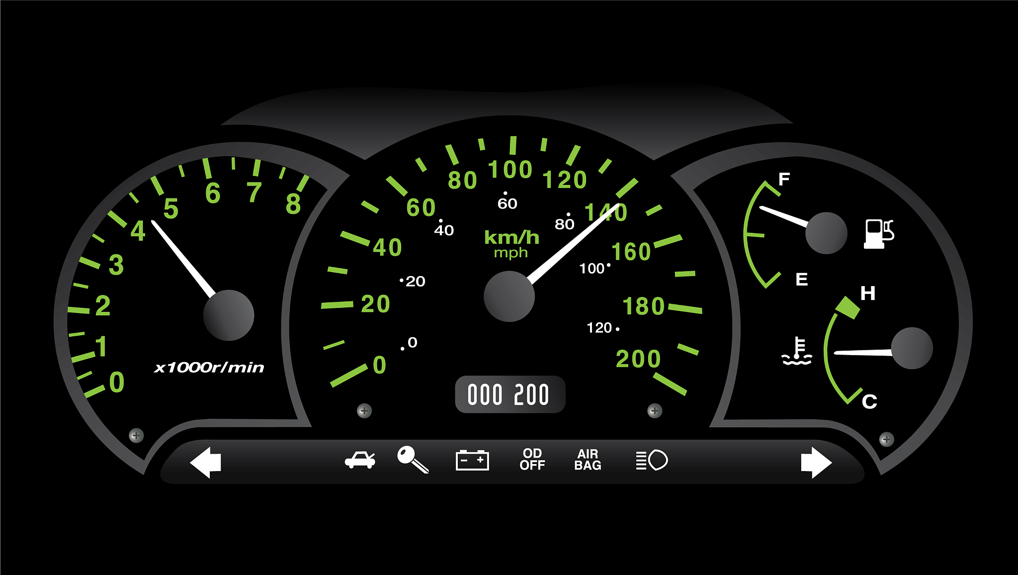 black and neon green car dashboard with gauge
