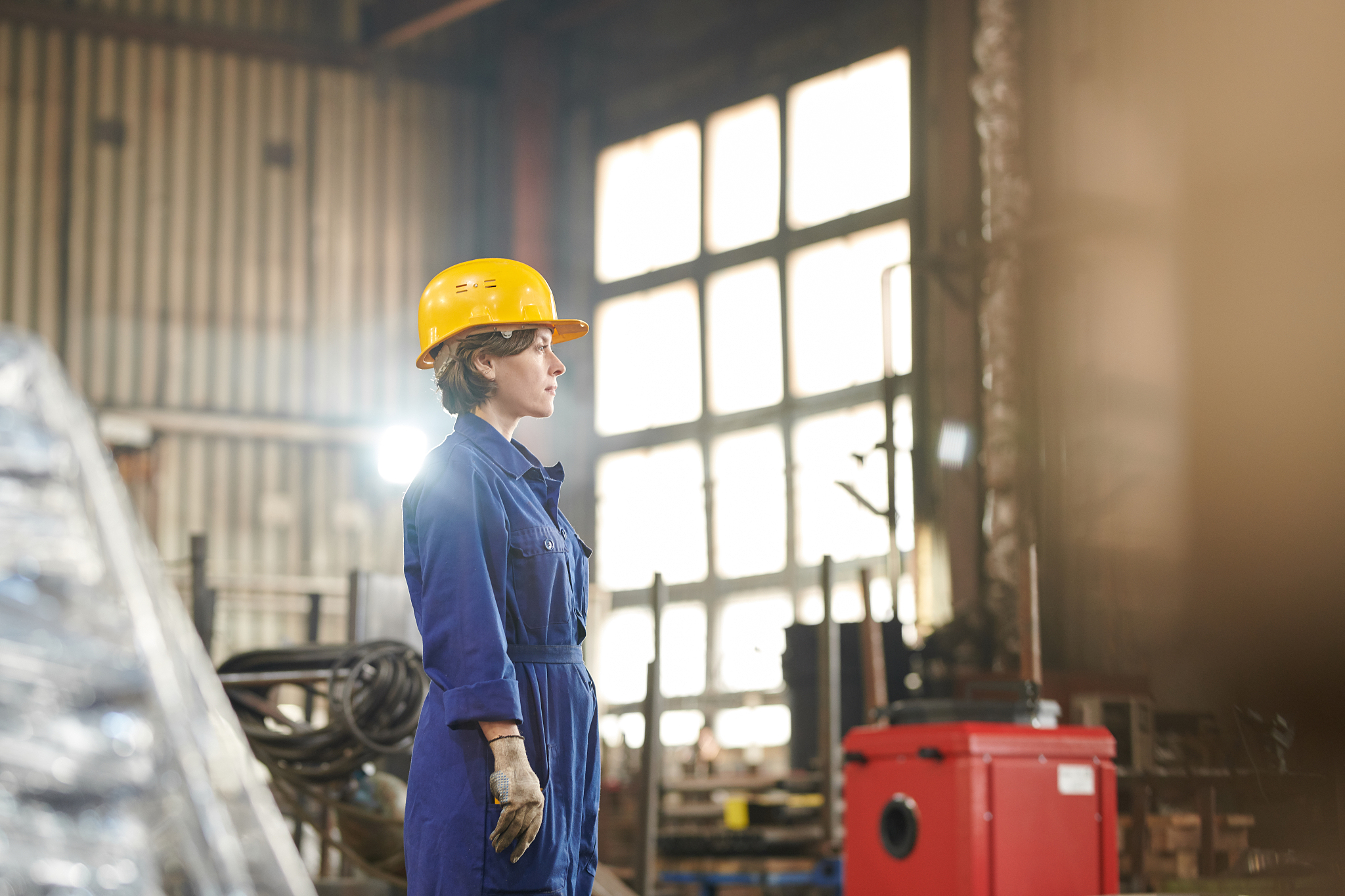 female worker side view