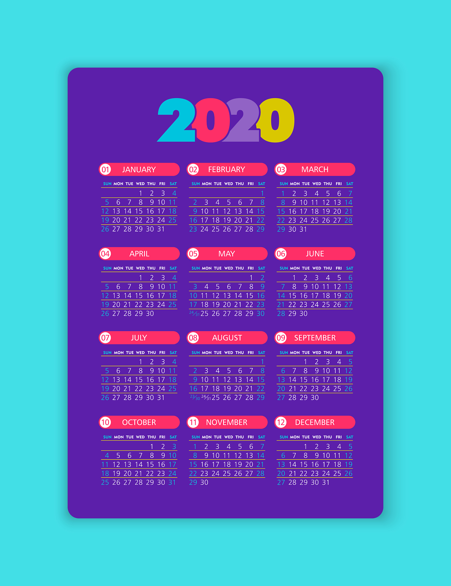 vector calendar 2020 year. week starts from sunday