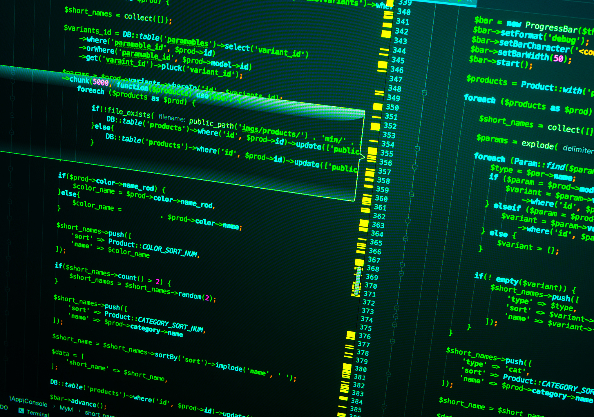 detailed real php lines on on dark green background. web develop