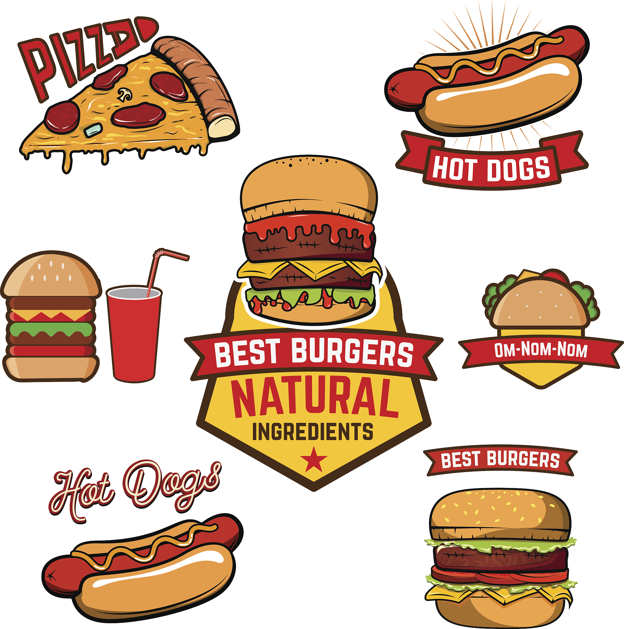 美式快餐图案设计：美味薯条、汉堡、可乐和鸡块