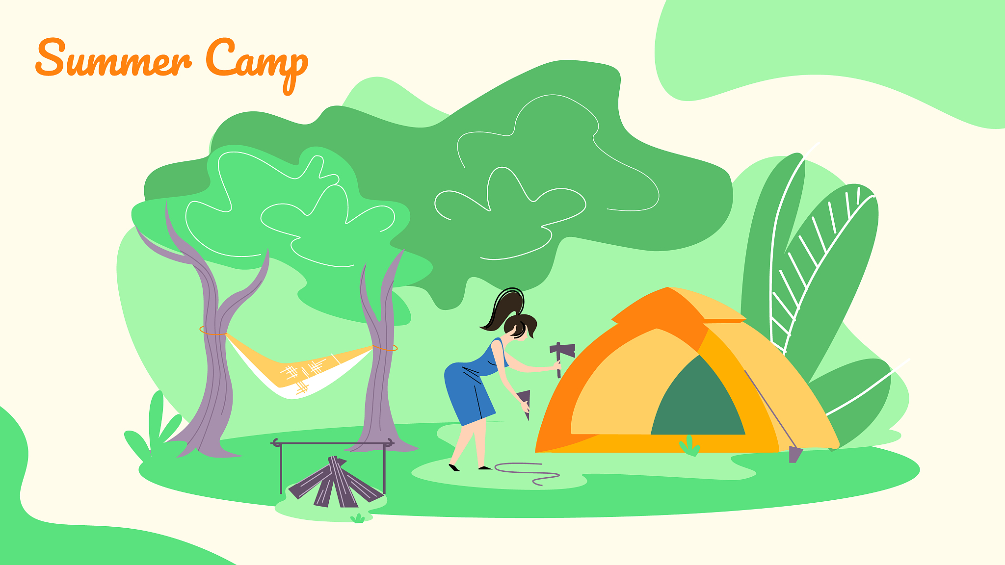 young woman hummer sticks to ground to set up tent