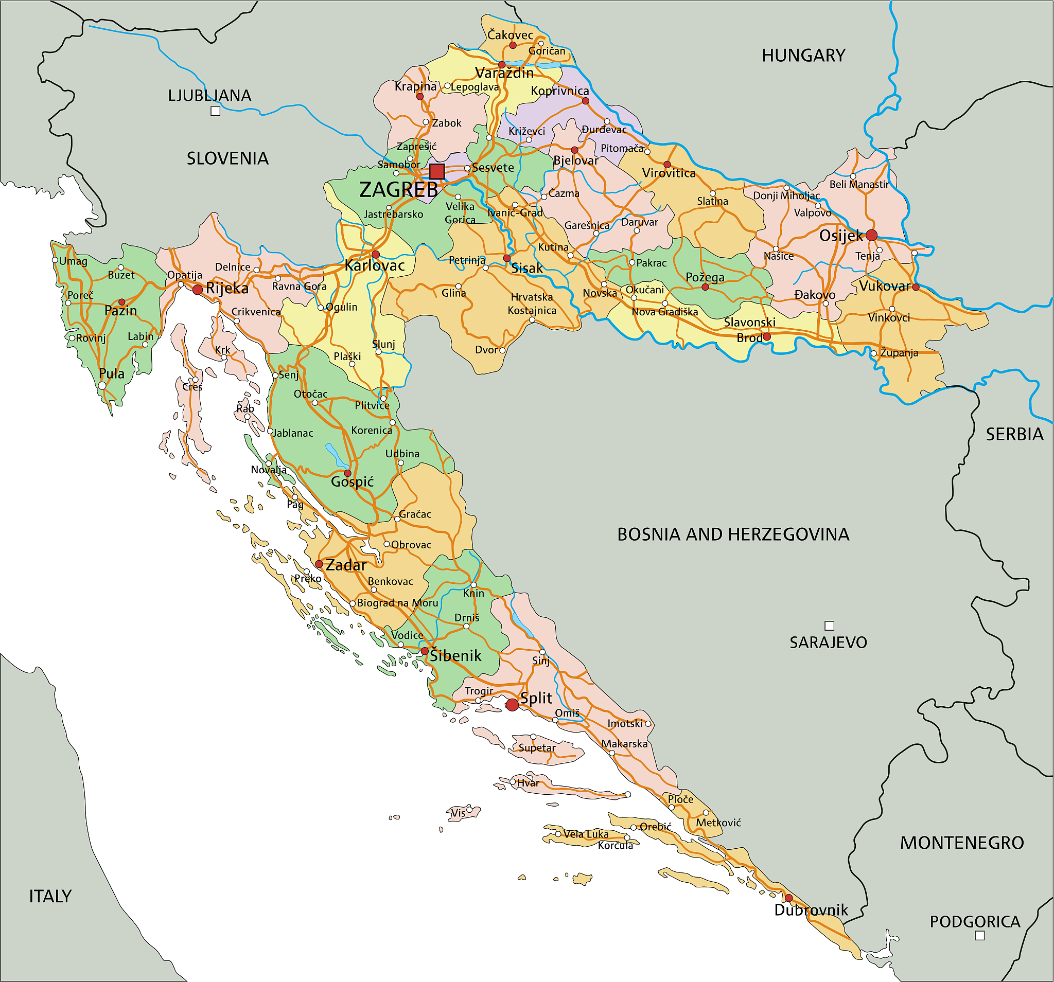 croatia - highly detailed editable political map with labeling.