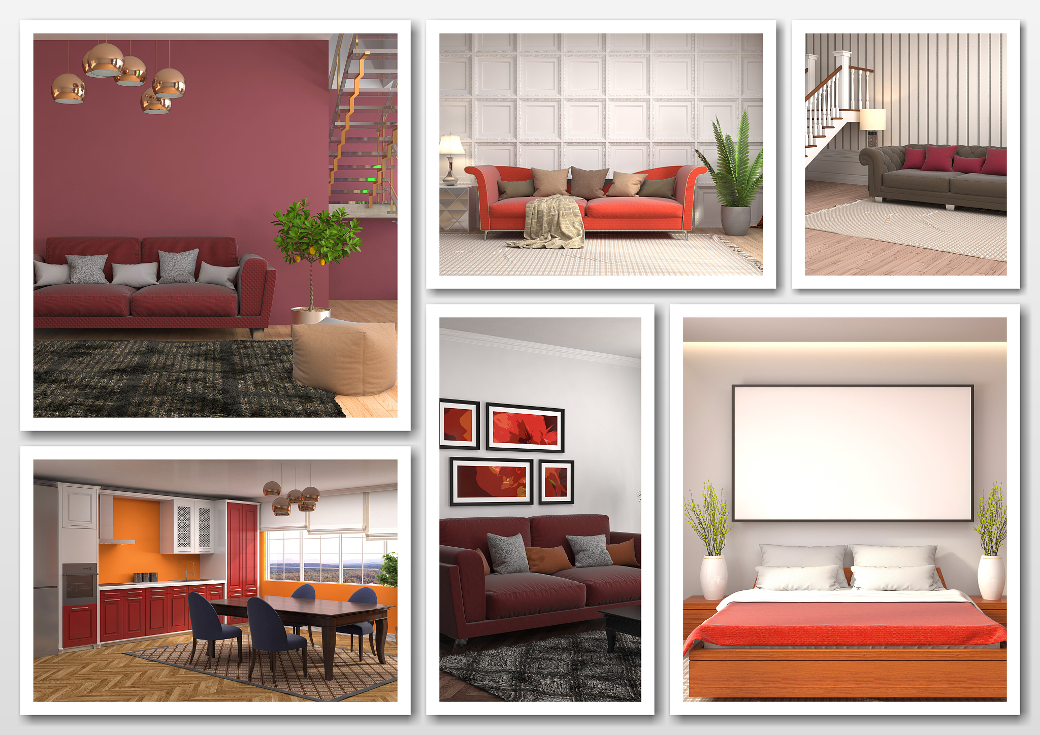 collage of modern home red interior. 3d illustration