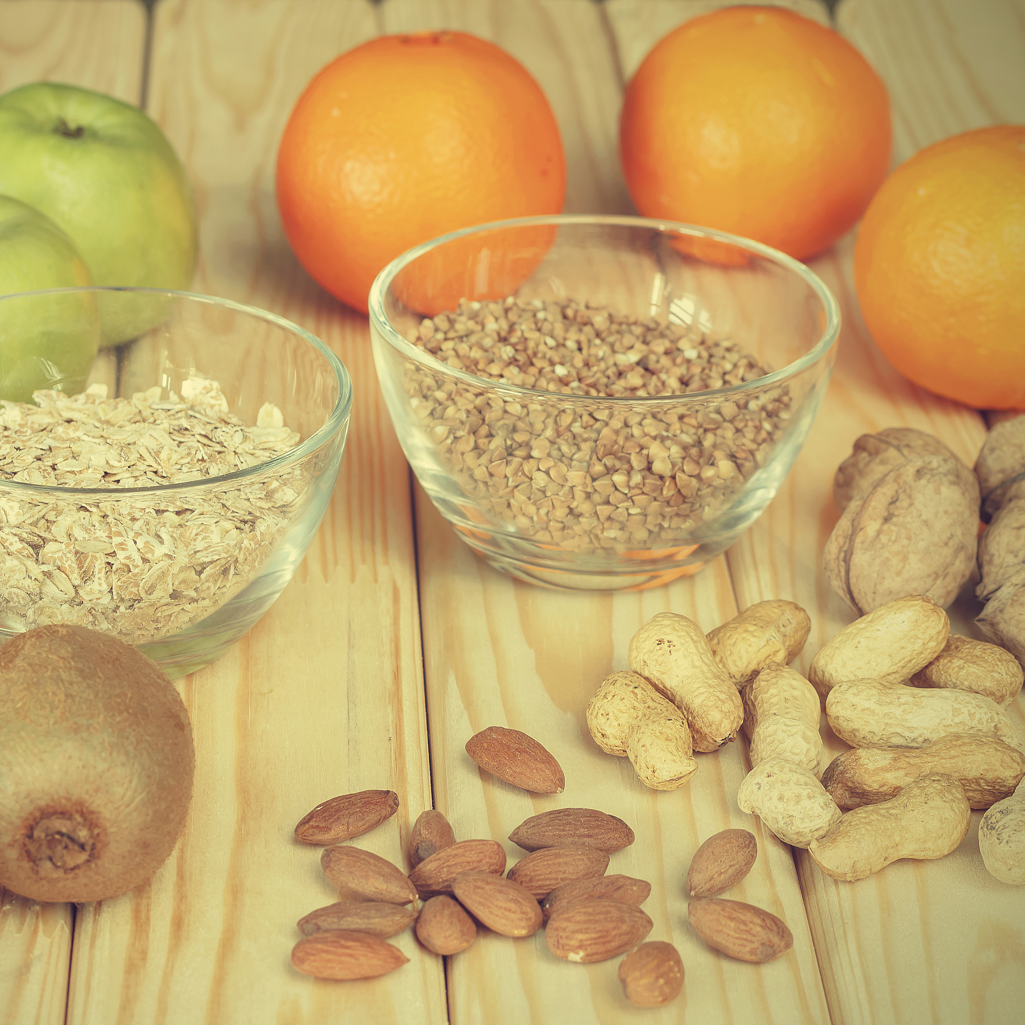 healthy food, fruit and nuts on the table
