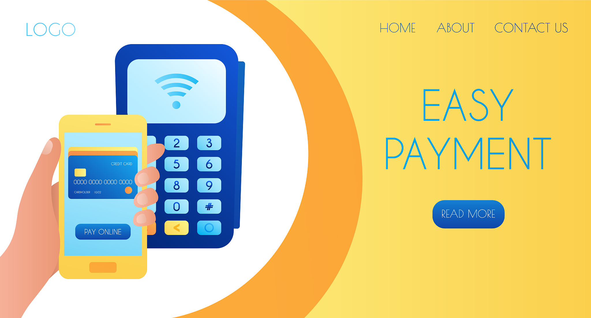 pos terminal and  hand with a phone with banking app on screen. 