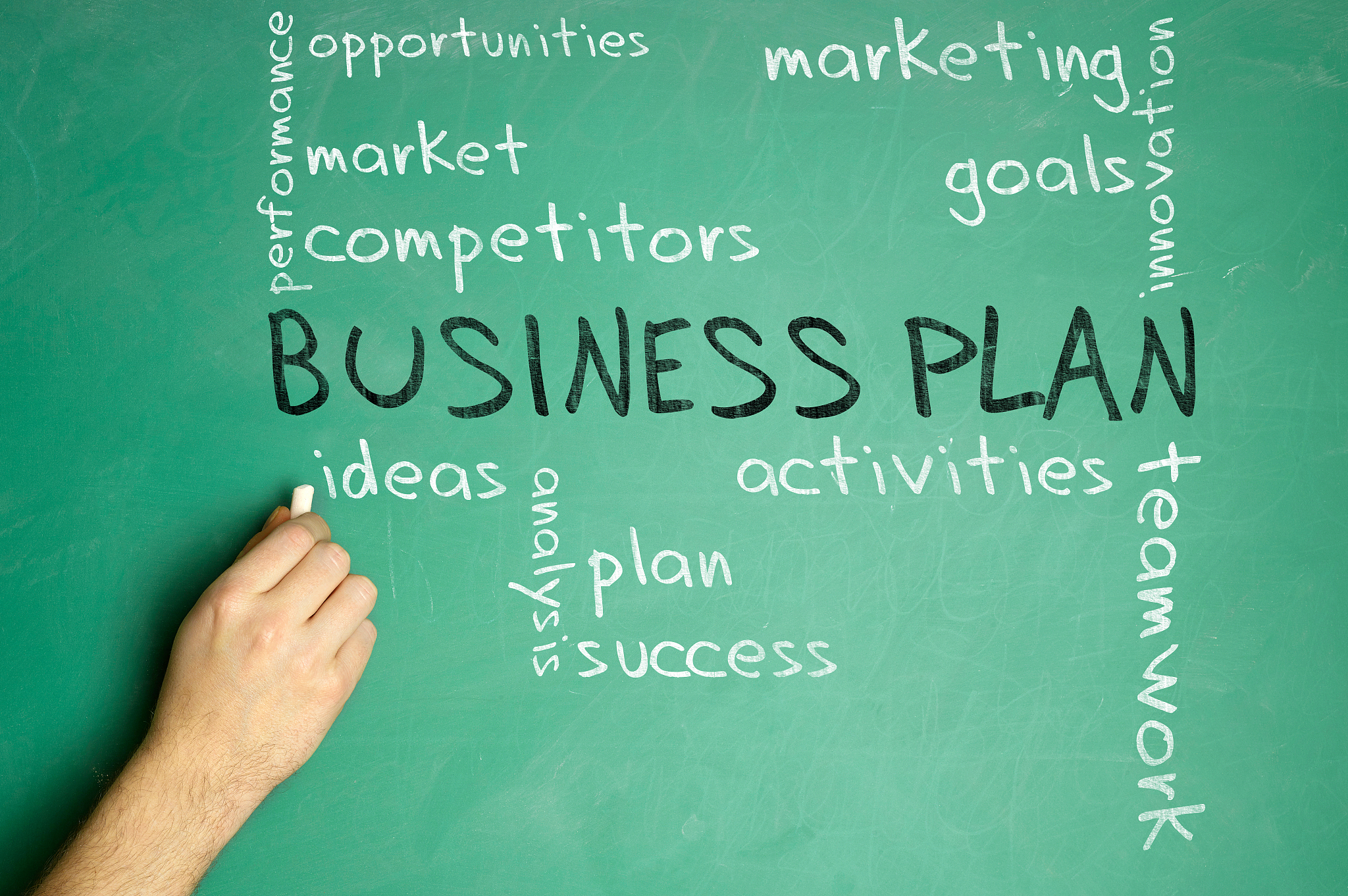 men's hand writing business plan on the blackboard, word cloud