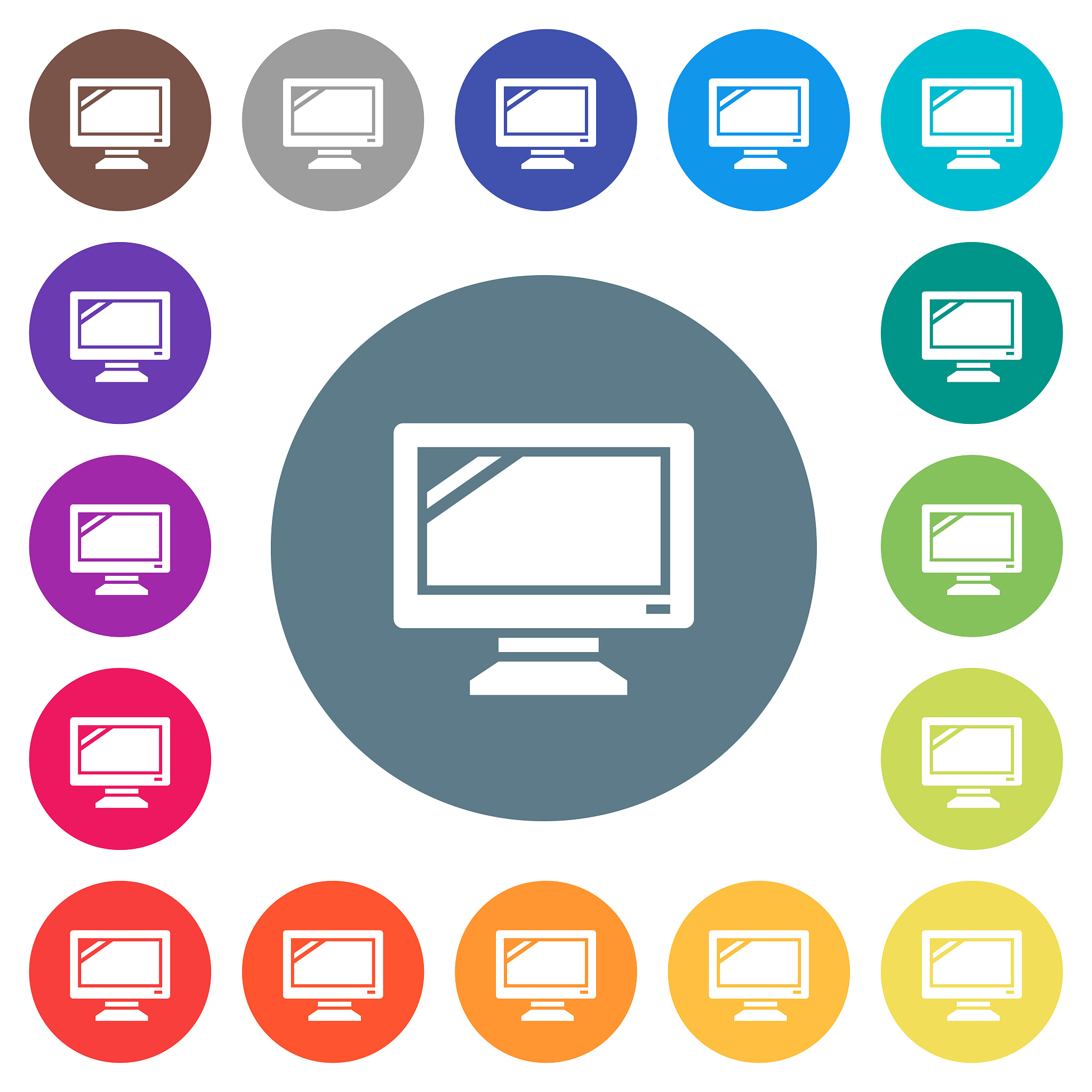 monitor flat white icons on round color backgrounds