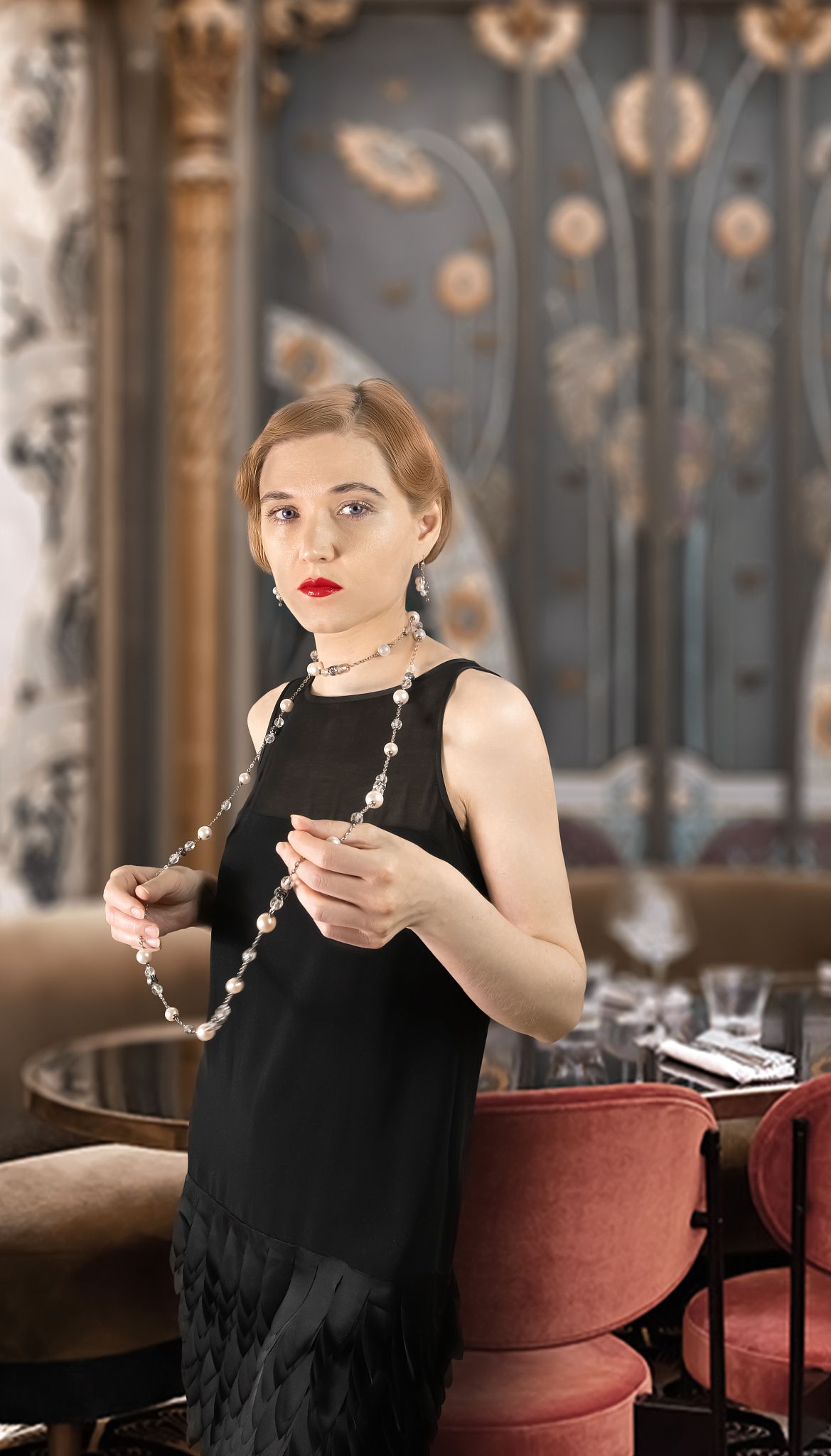 retro photography, 1920 style. girl in a black dress, hair waves