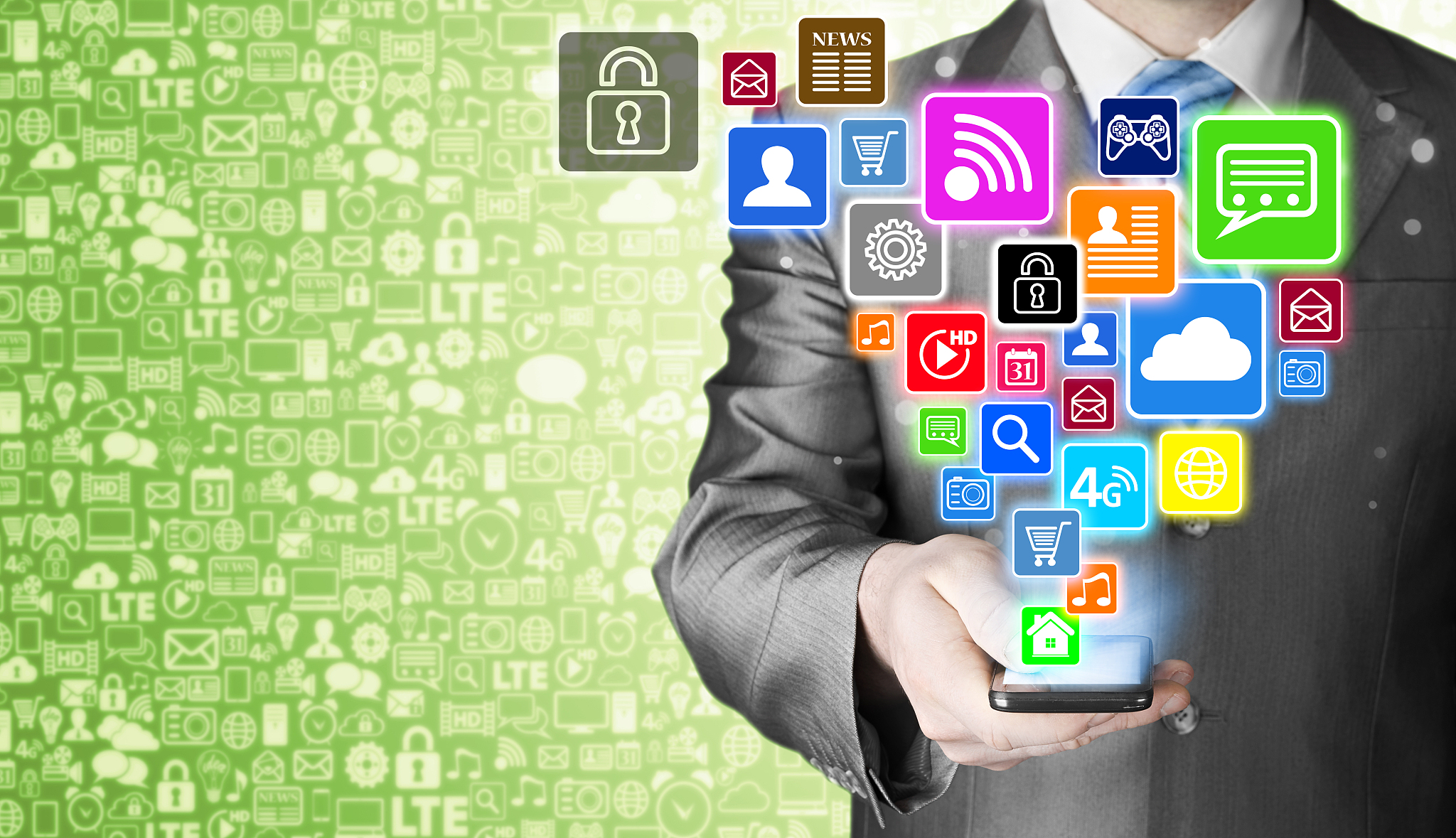 business man using smart phone with social media icon set