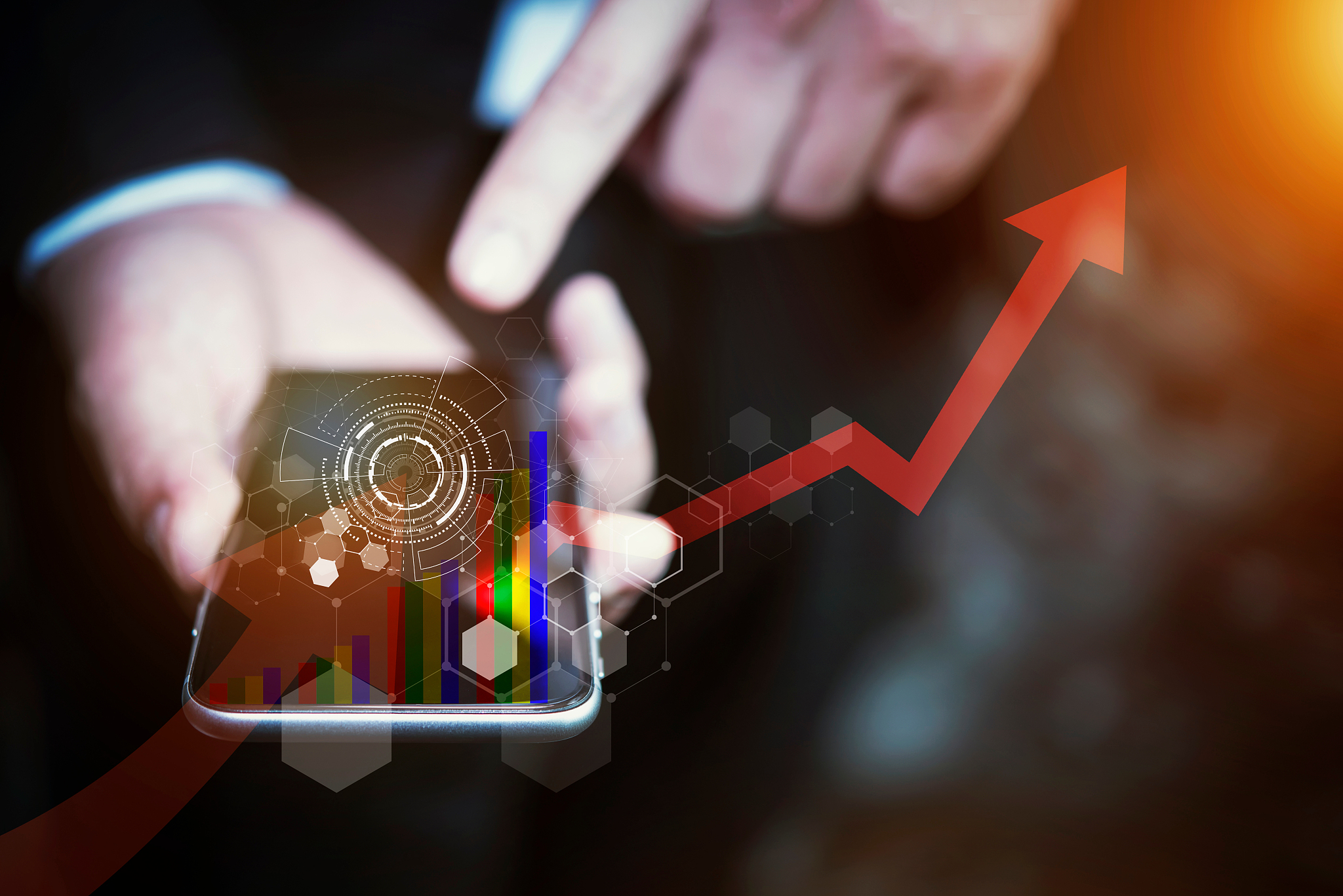 digital composite image of businessman using mobile phone