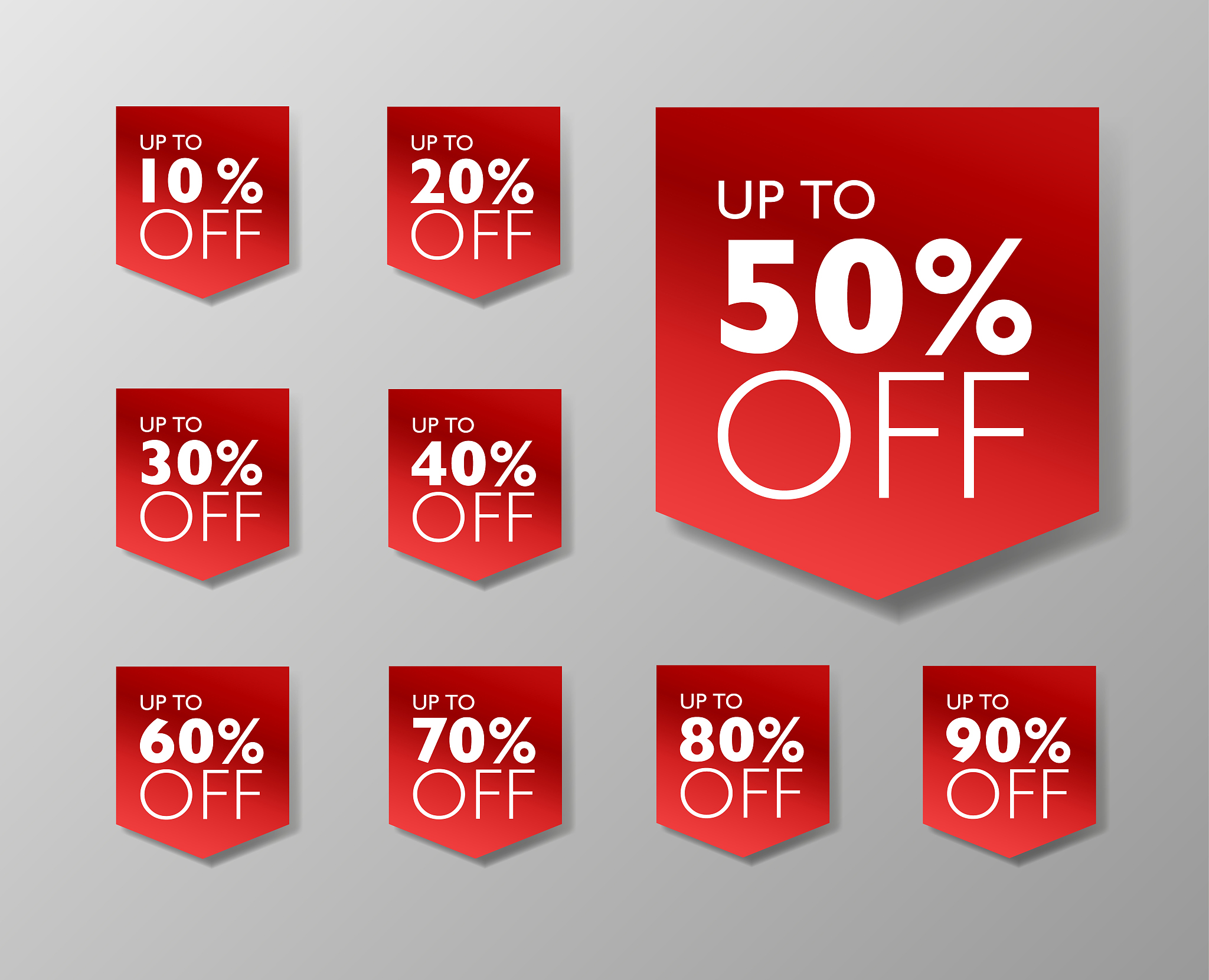 50% off back friday sale tags. set of 10% through 90% off red la