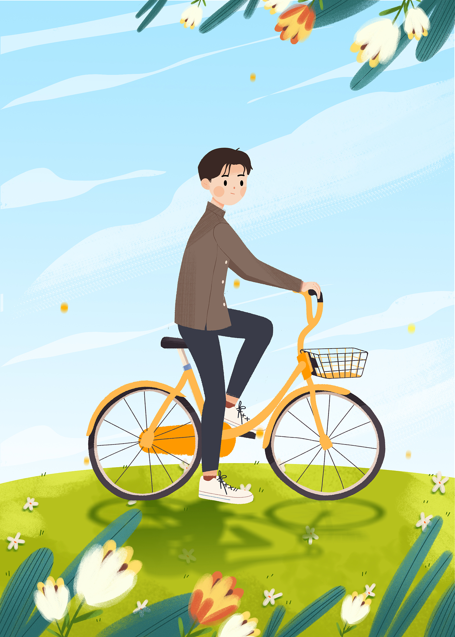骑自行车去旅行的青年男生