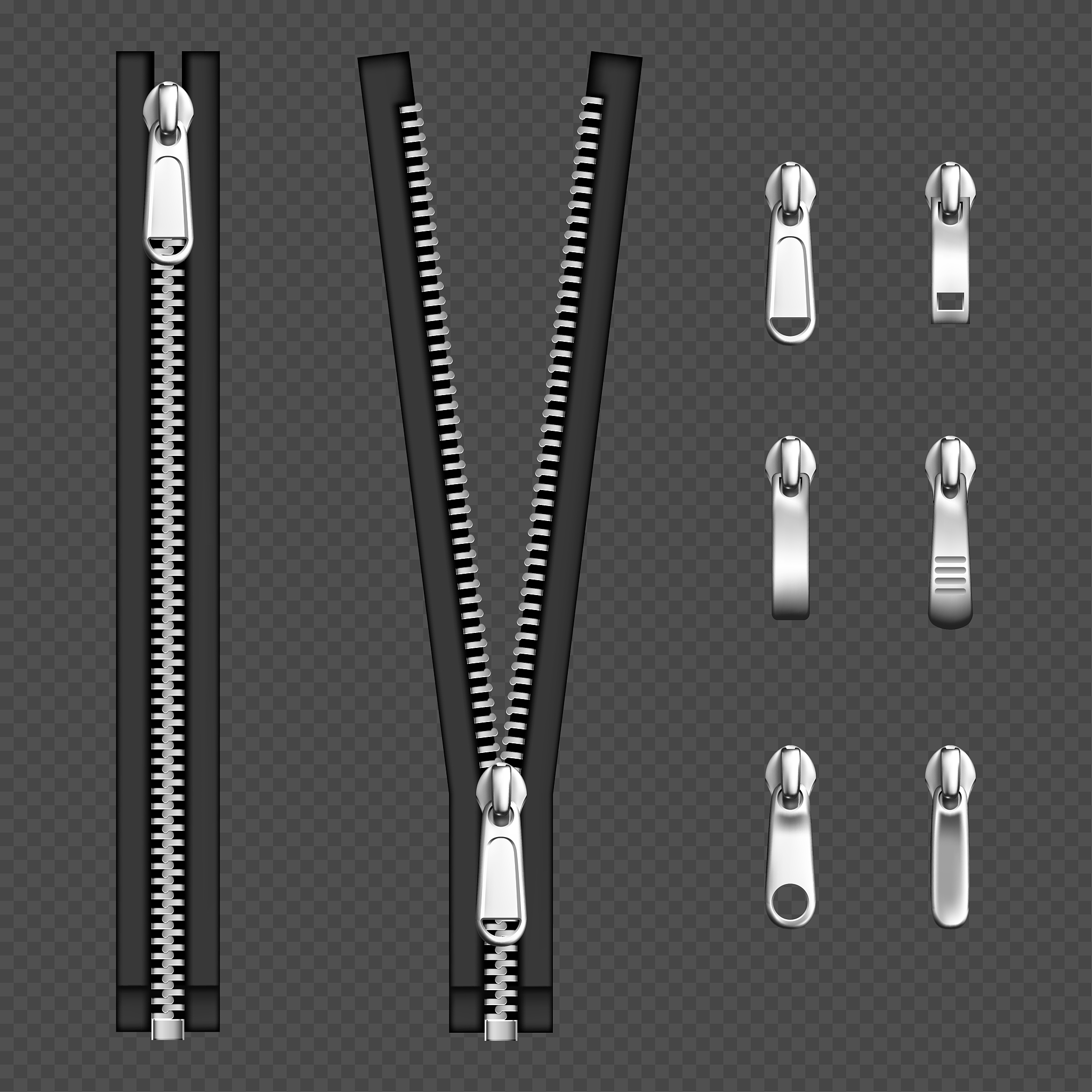 metal zip fasteners, silver zippers puller set