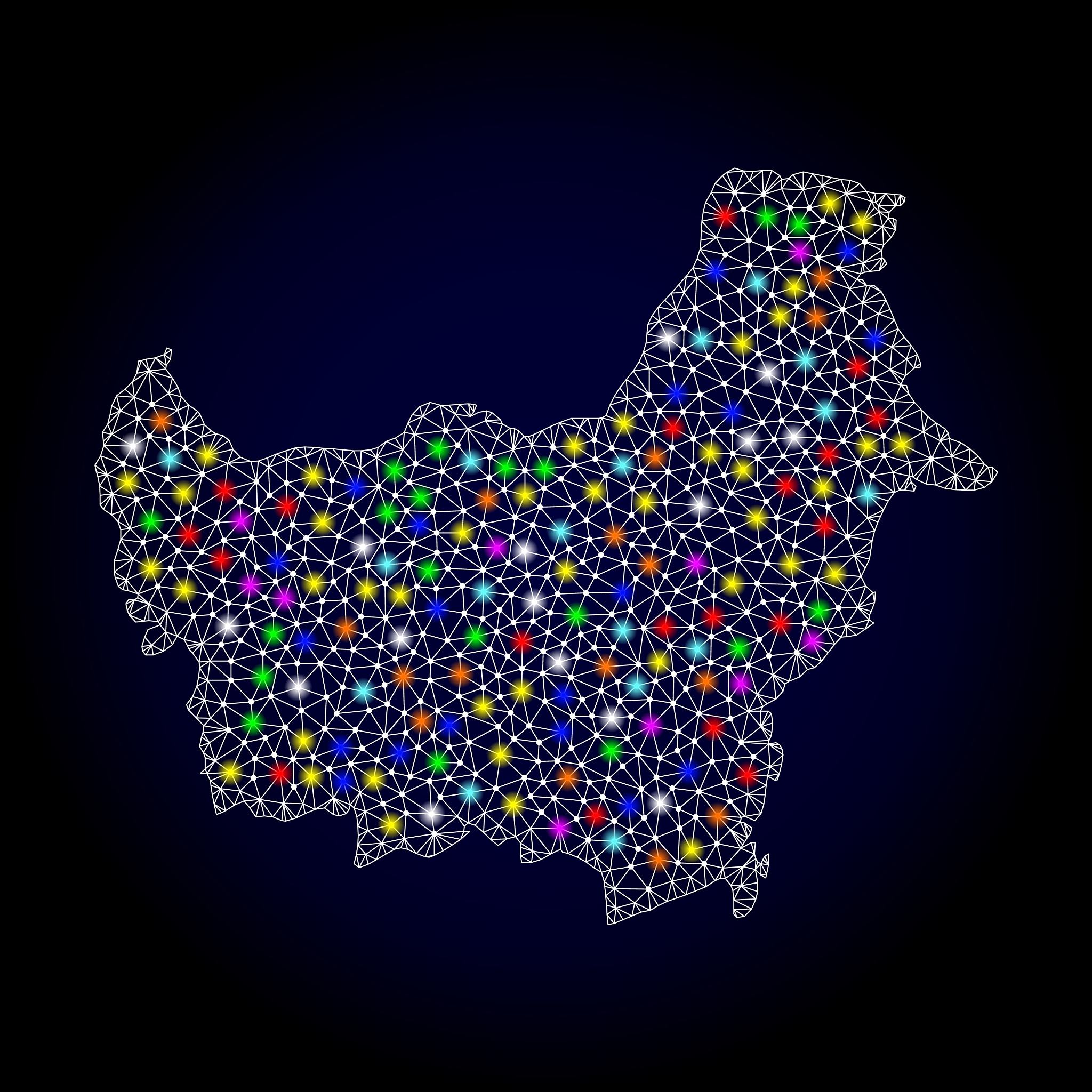 mesh network map of borneo island with colorful