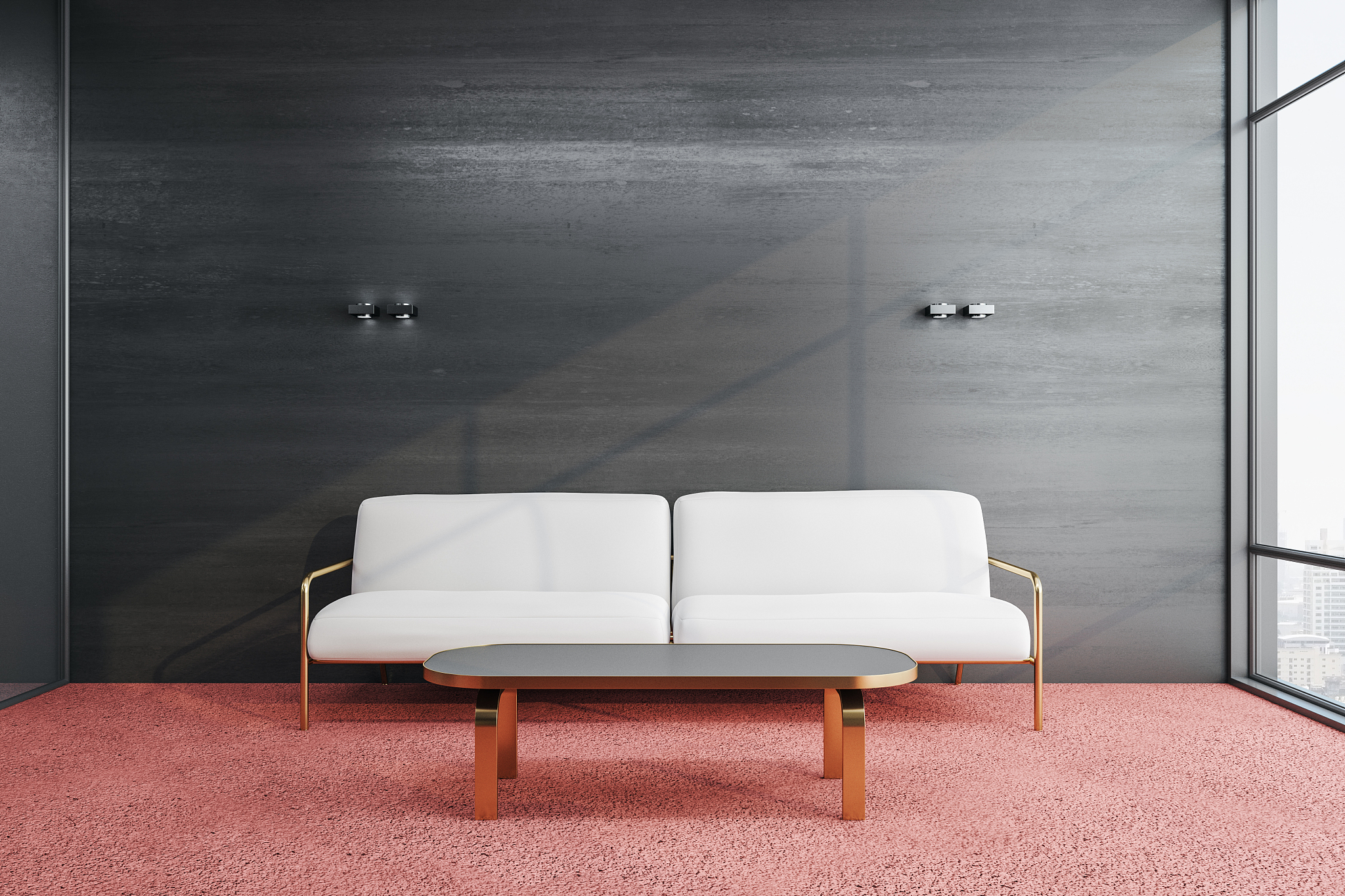 minimalistic waiting room with sofa and city view.