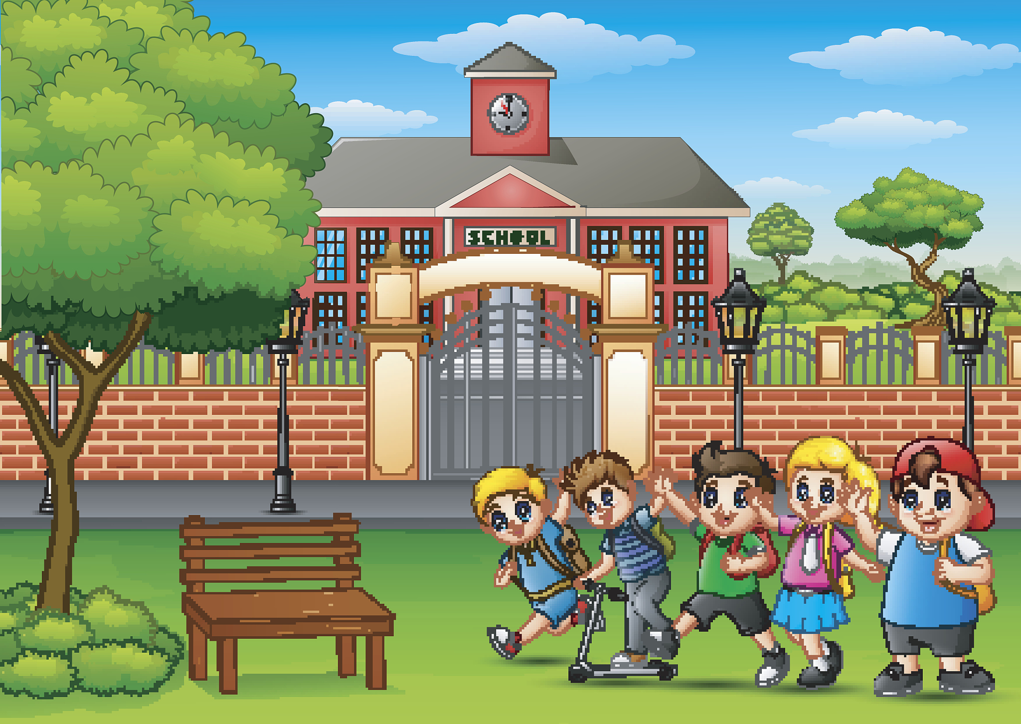 happy school children playing in front of school building