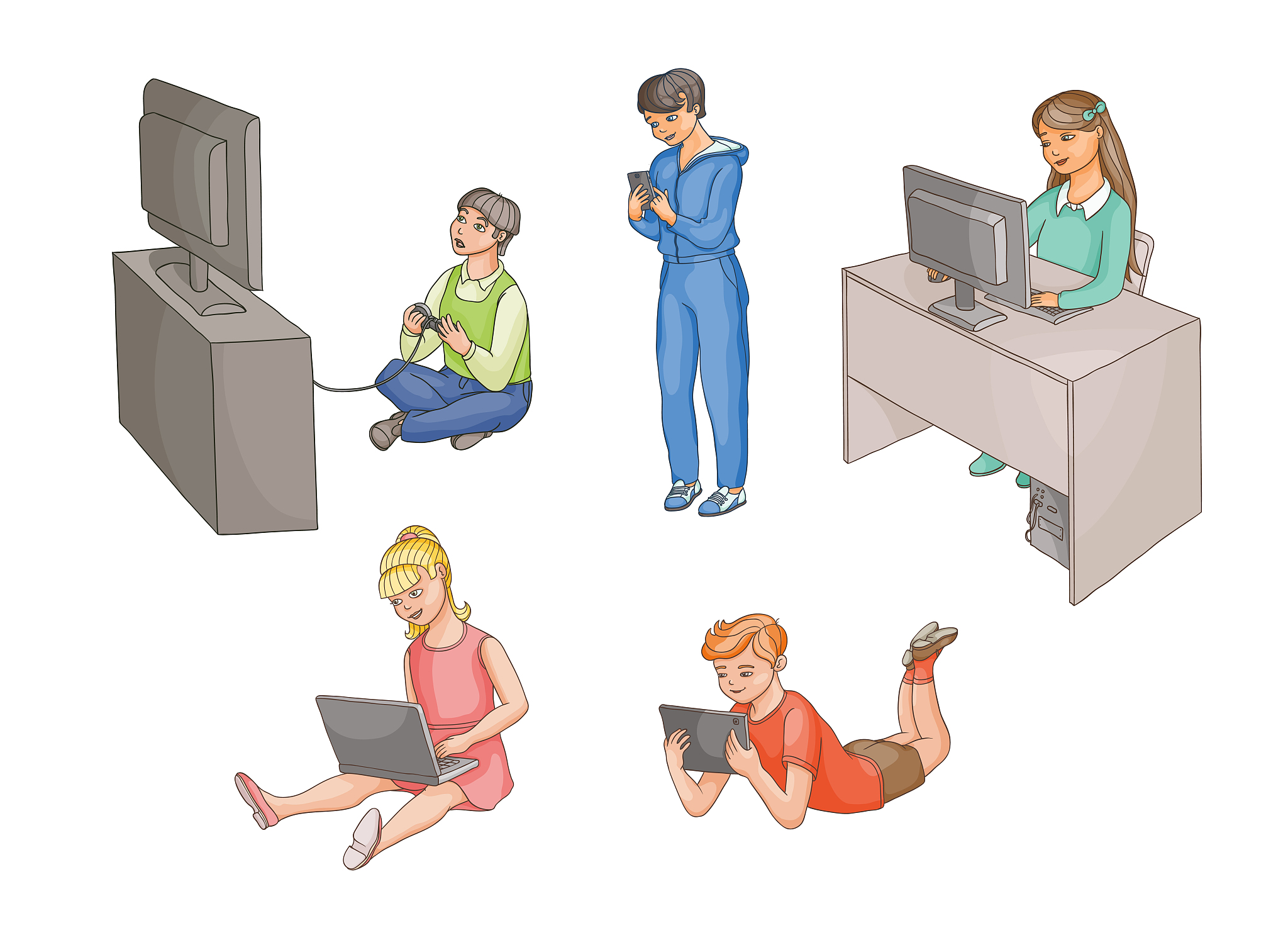 kids using gadgets, technologies, front view